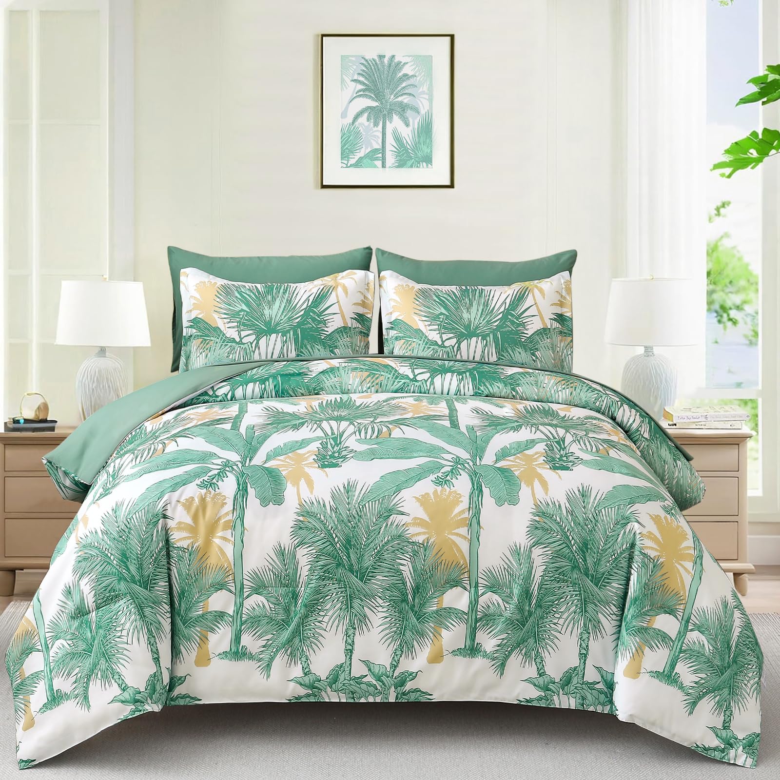 Wongs Bedding Comforter Set Queen Size, 7 Pieces Aqua Botanical Bed In A Bag, Soft Microfiber Tropical Palm Tree Bedding Set Wit