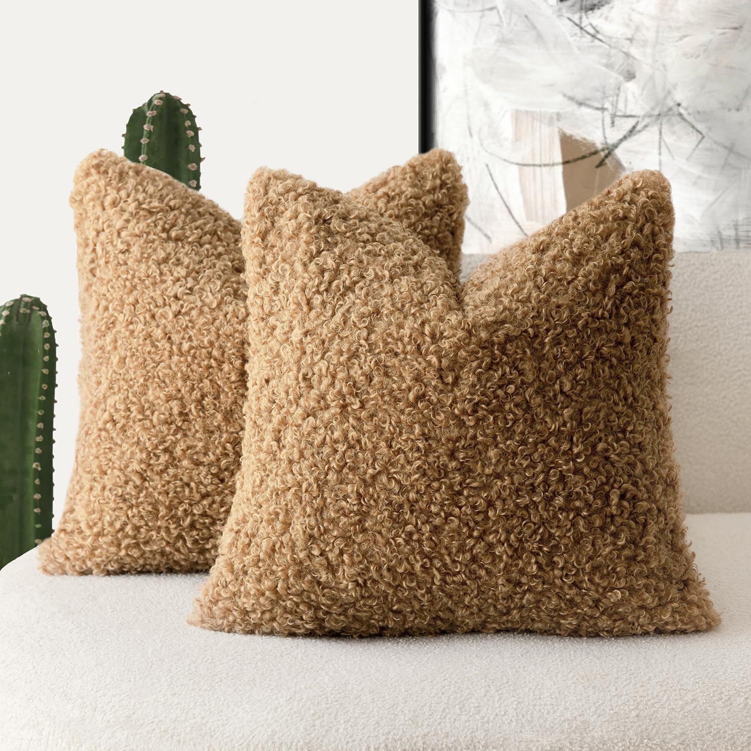 Foindtower 2 Pieces 22X22 Inch Bronze, Faux Fur Throw Pillow Cover Accent Sherpa Pillow Fuzzy Soft Pillowcases Sheepskin Decorat