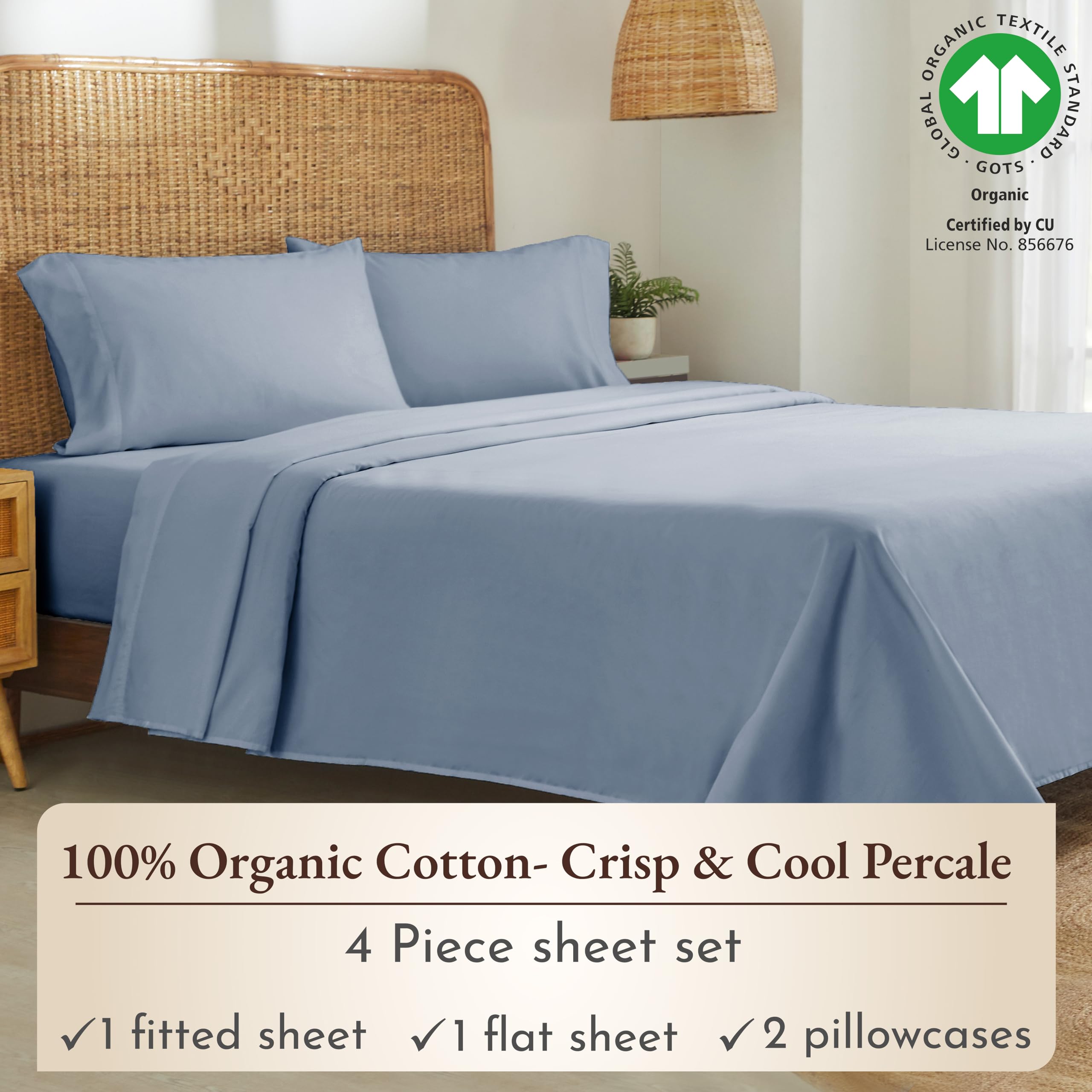 California Design Den 100% Organic Cotton Sheets For California King Size Bed, Deep Pocket Percale Gots Certified, California King Bed Sheets Set, Soft,Breathable & Cooling Sheets, Blue Hydrangea