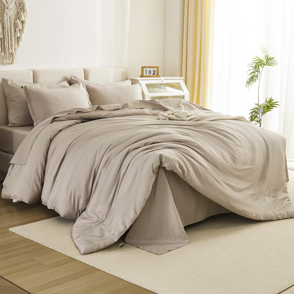 Litanika Comforter King Size Set Oatmeal - 7 Pieces Bed In A Bag King Beddding Comforter Sets, Plain Lightweight Bed Set With Co