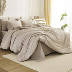 Litanika Comforter King Size Set Oatmeal - 7 Pieces Bed In A Bag King Beddding Comforter Sets, Plain Lightweight Bed Set With Co