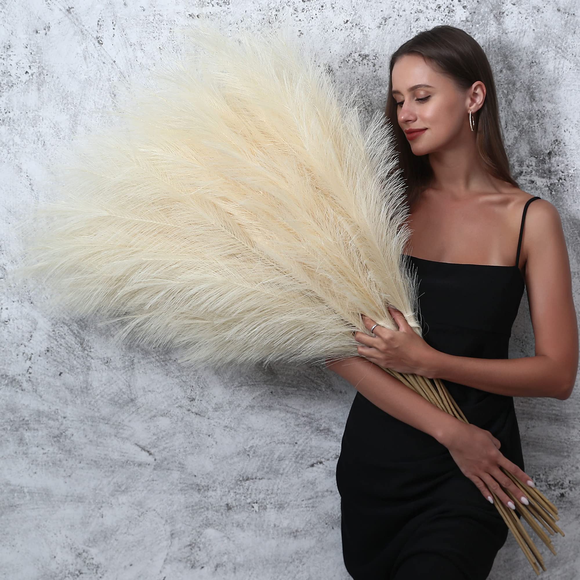 8 Pcs 45 Inch Tall Faux Pampas Grass Decor, Large Artificial Beige Pompous Grass Bulk, Long Fake Pompas For Floor Vase Filler, W