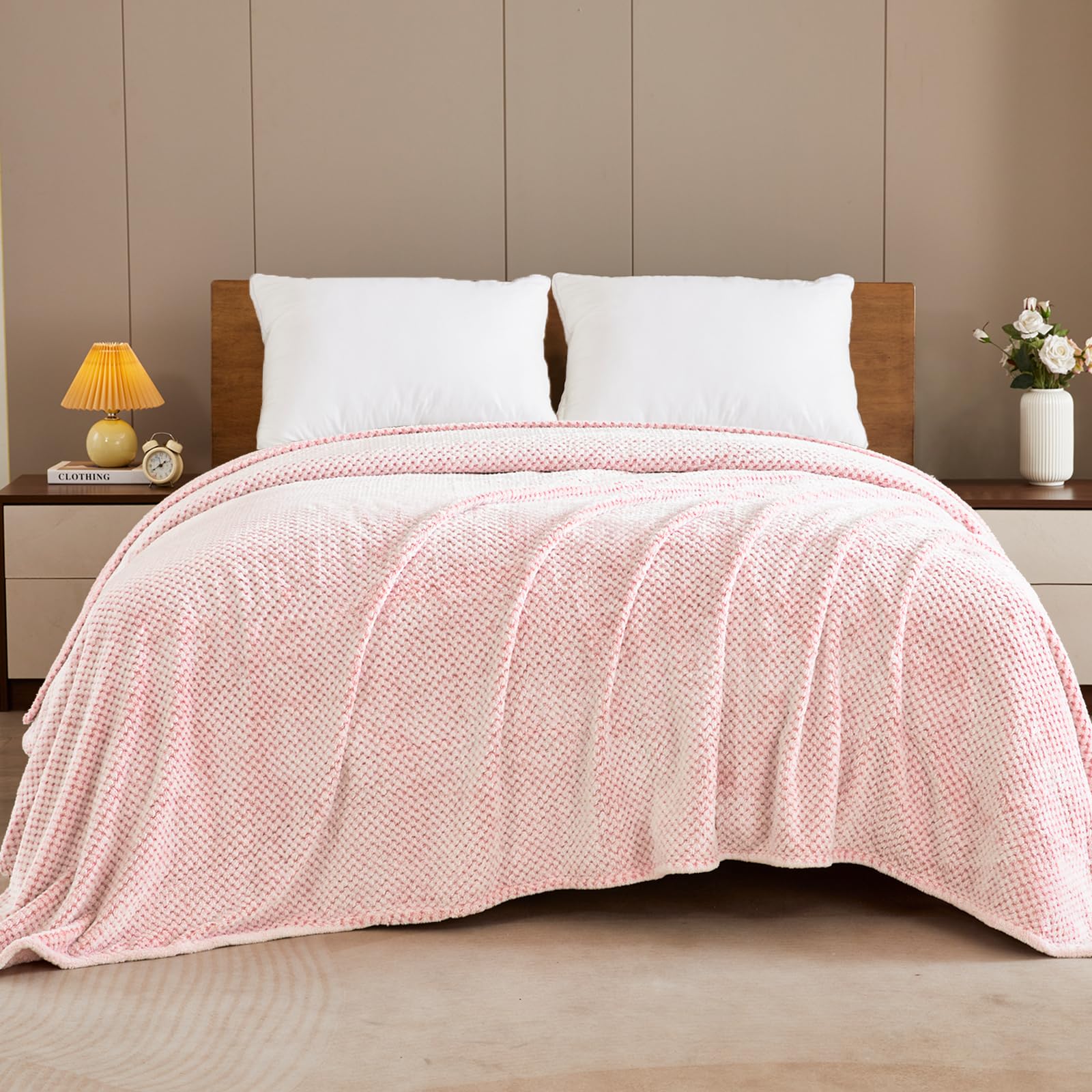 Exclusivo Mezcla Waffle Textured Soft Fleece Blanket, King Size Bed Blanket, Cozy Warm And Lightweight (Mixed Pink, 90X104 Inche