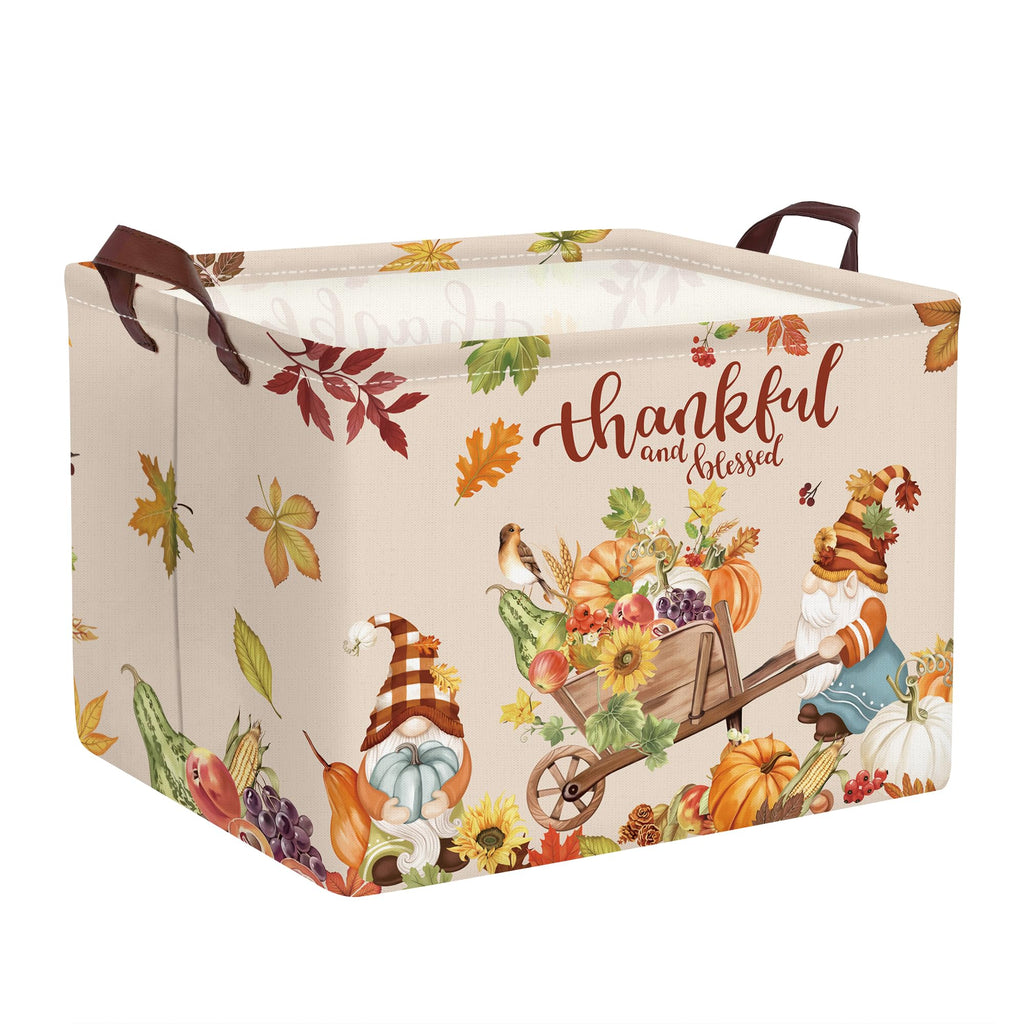 Clastyle Rectangular Gnome Cart Fall Basket Autumn Harvest Thanksgaving Gift Basket Orange Farm Turkeys Pumpkin Bin Clothes Toy 