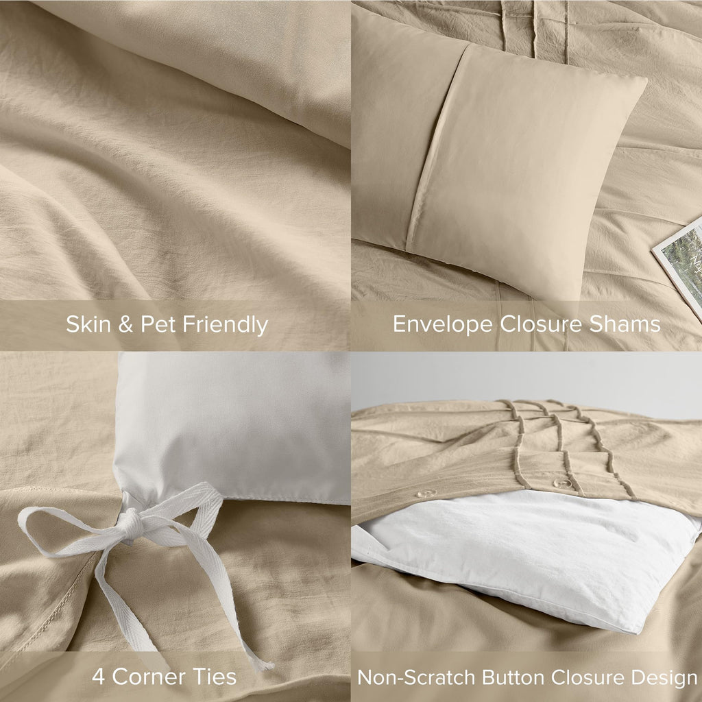Comfort Spaces Khaki Full Size Duvet Cover Set - 3-Pc Pintuck Pleated Duvet Cover Full, All Season Lightweight, Extra Softness Pre-Washed Microfiber Full Bed Cover Shams, Full