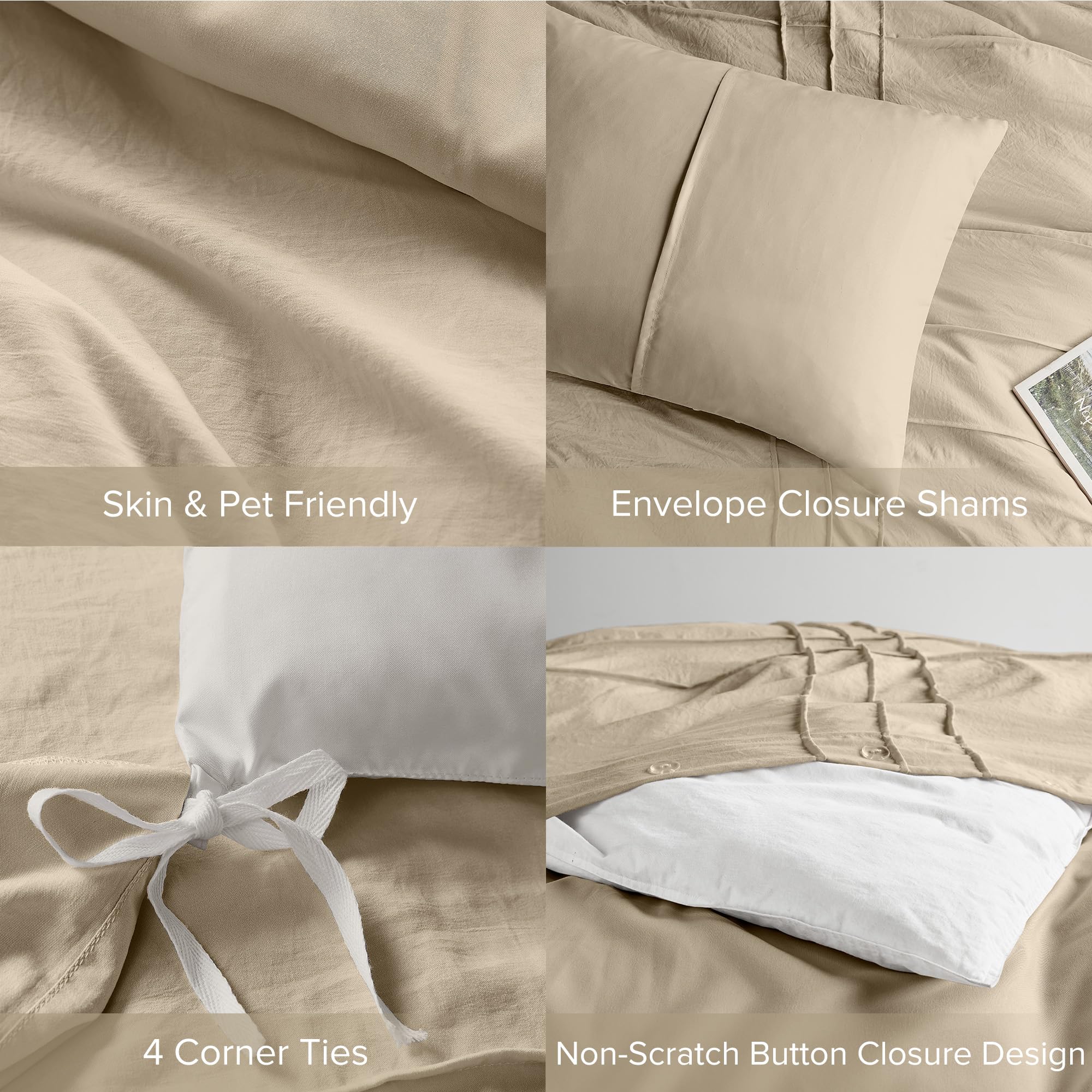 Comfort Spaces Khaki King Size Duvet Cover Set - 3-Pc Pintuck Pleated Duvet Cover King, All Season Lightweight, Extra Softness Pre-Washed Microfiber King Bed Cover Shams, King
