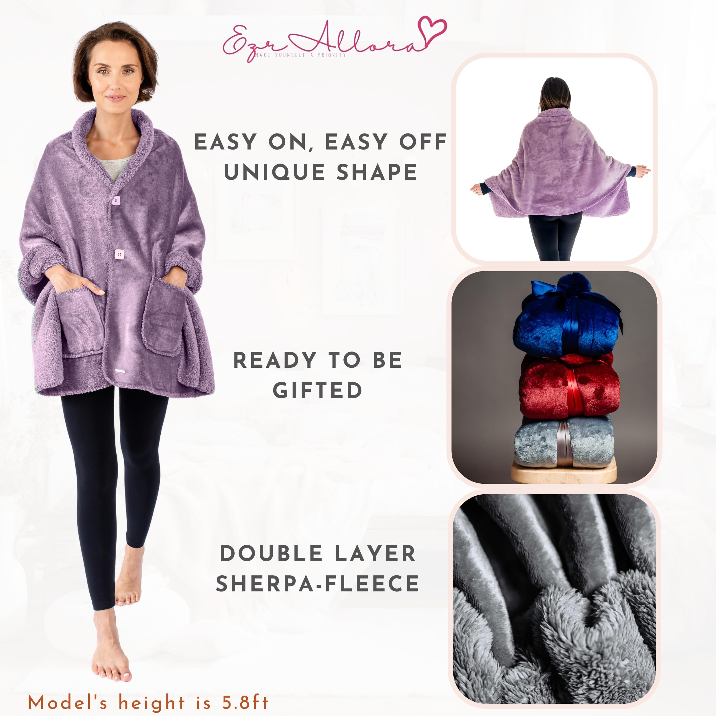 Ezrallora Premium Double Layer Wearable Blanket For Women -No Sleeves- Shawl Wrap With Pockets- Mothers Day Gifts - Grandma Gift