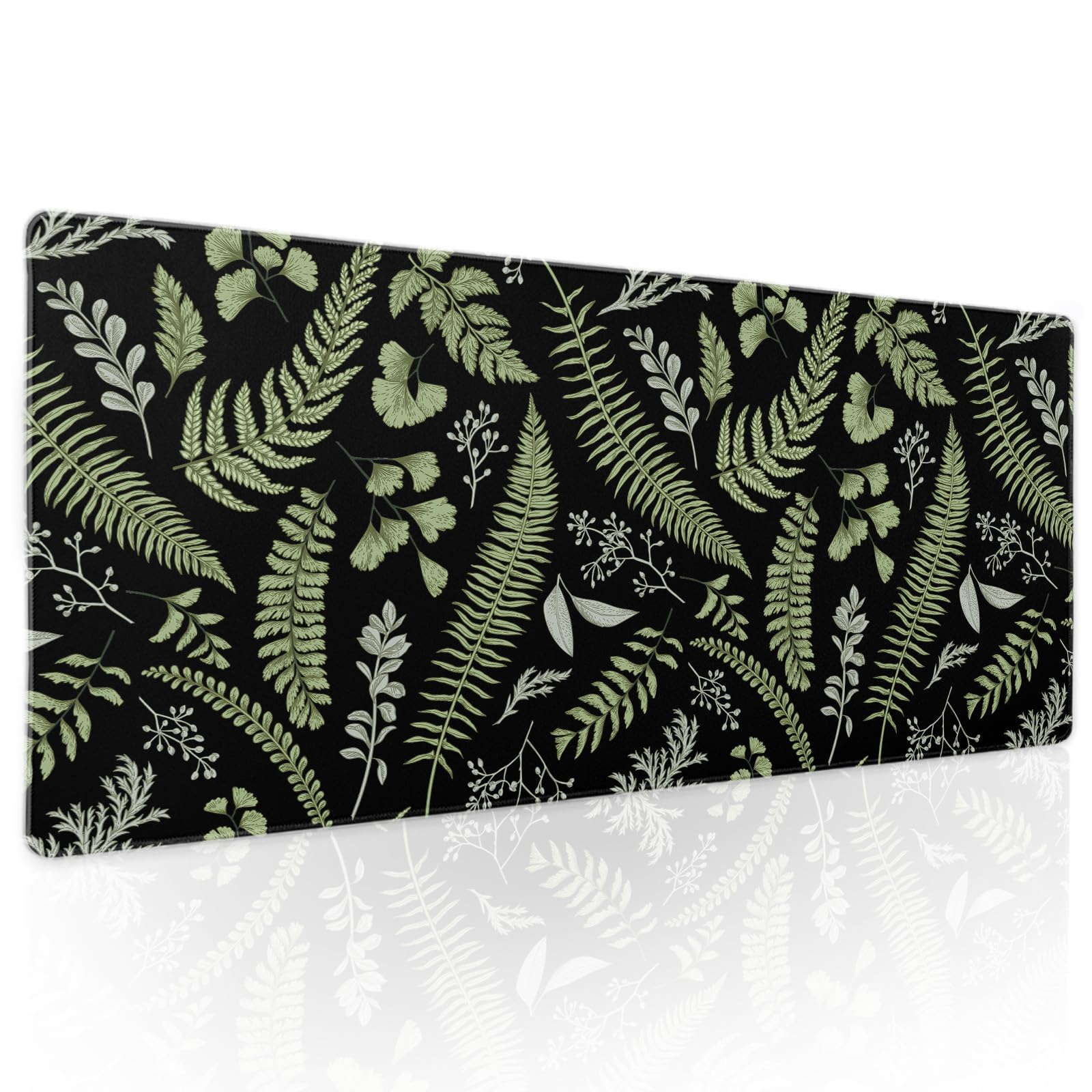 Black Green Plant Flowers Mouse Pad Xl Tropical Fern Botanical Leaves Extended Desk Mat 80X30Cm Non-Slip Rubber Base Stitched Ed
