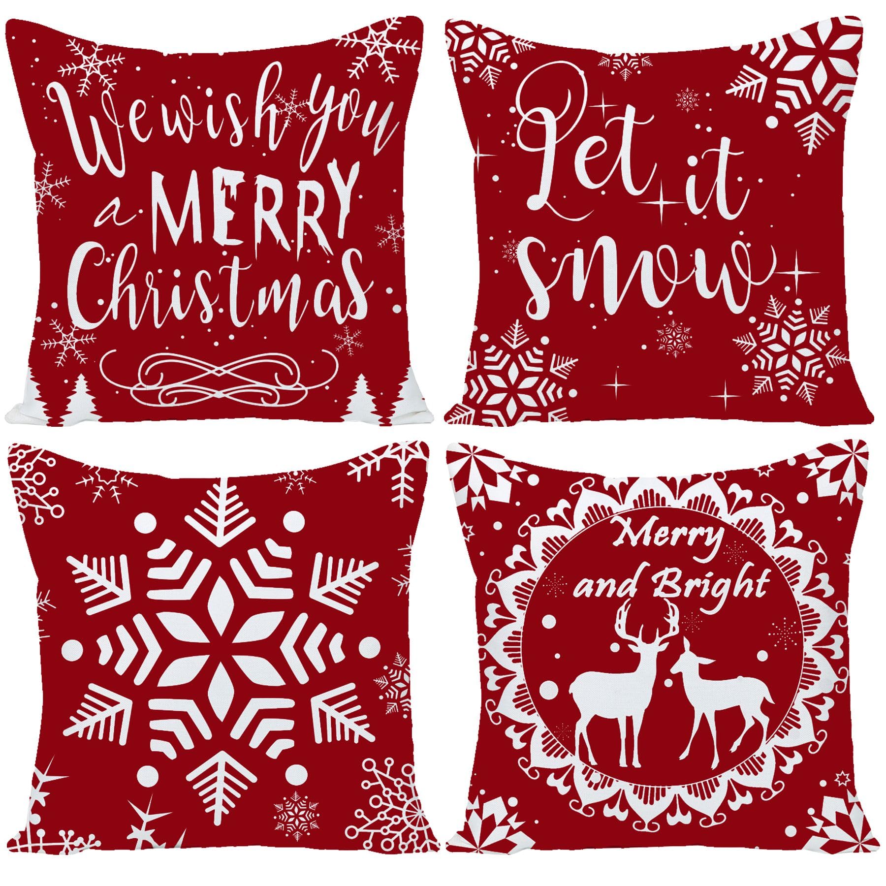 Wilproo 24X24 Pillow Covers Christmas Winter Snowflake Baby It'S Cold Outside Bright Red Deer Let It Snow Xmas Soft Velvet Decor