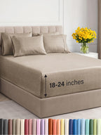 Extra Deep Pocket Cal King Sheets - 4 Piece Breathable & Cooling Bed Sheets - Hotel Luxury Bed Sheet Set - Soft, Wrinkle Free & Comfy - Easily Fits Extra Deep Mattresses - Heathered Beige Sheets Set