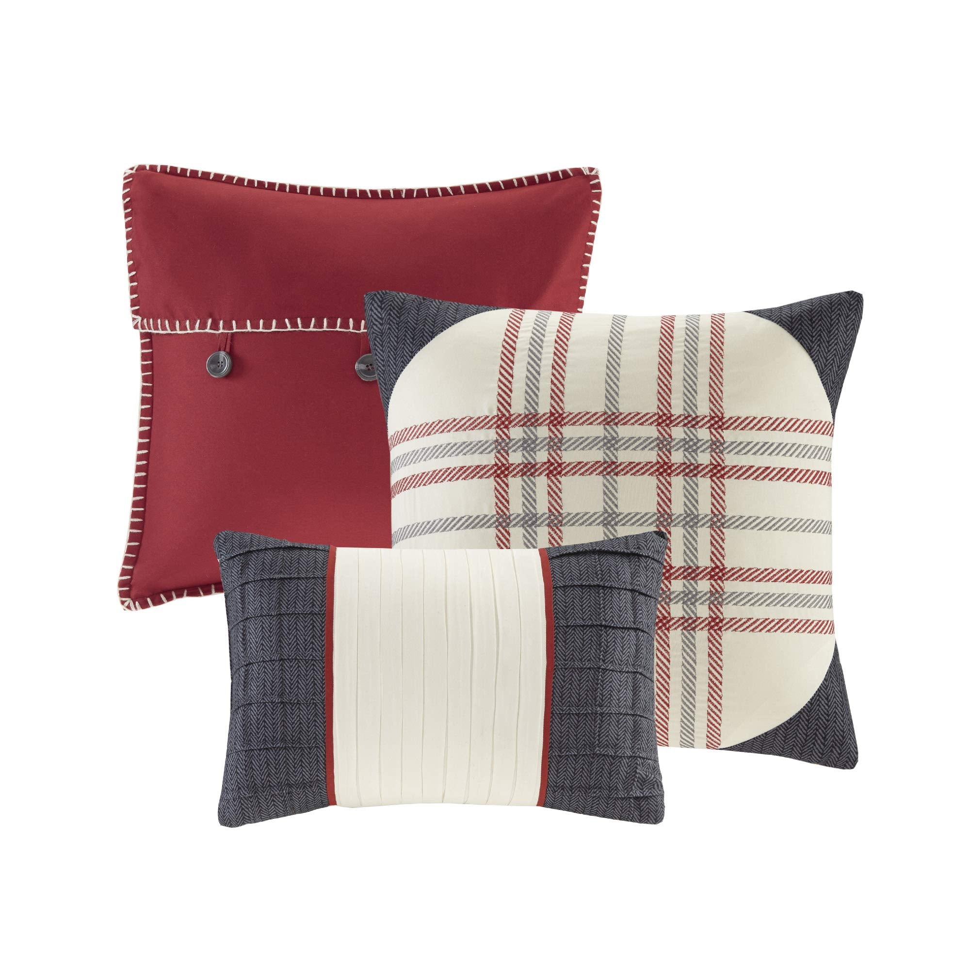 Madison Park Reversible Quilt Cabin Lifestyle Plaid Design - All Season, Breathable Coverlet Bedspread Bedding Set, Matching Shams, Full/Queen(90'X90'), Red 6 Piece