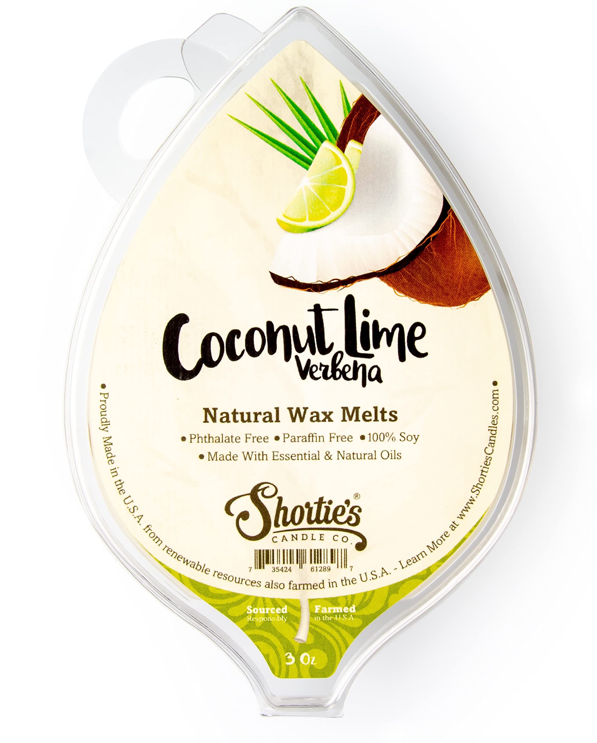 Shorties Candle Company Coconut Lime Verbena Natural Soy Wax Melts - 1 Highly Scented 3 Oz. Bar - Made with 100% Soy and Essent