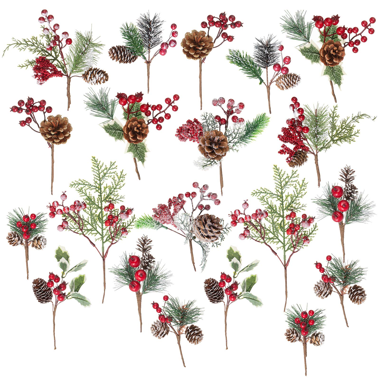 Crafare 20 Pack Artificial Christmas Tree Picks Assorted Red Berry Pine Picks Spray with Pinecones Apples Holly Leaves Winter Ho