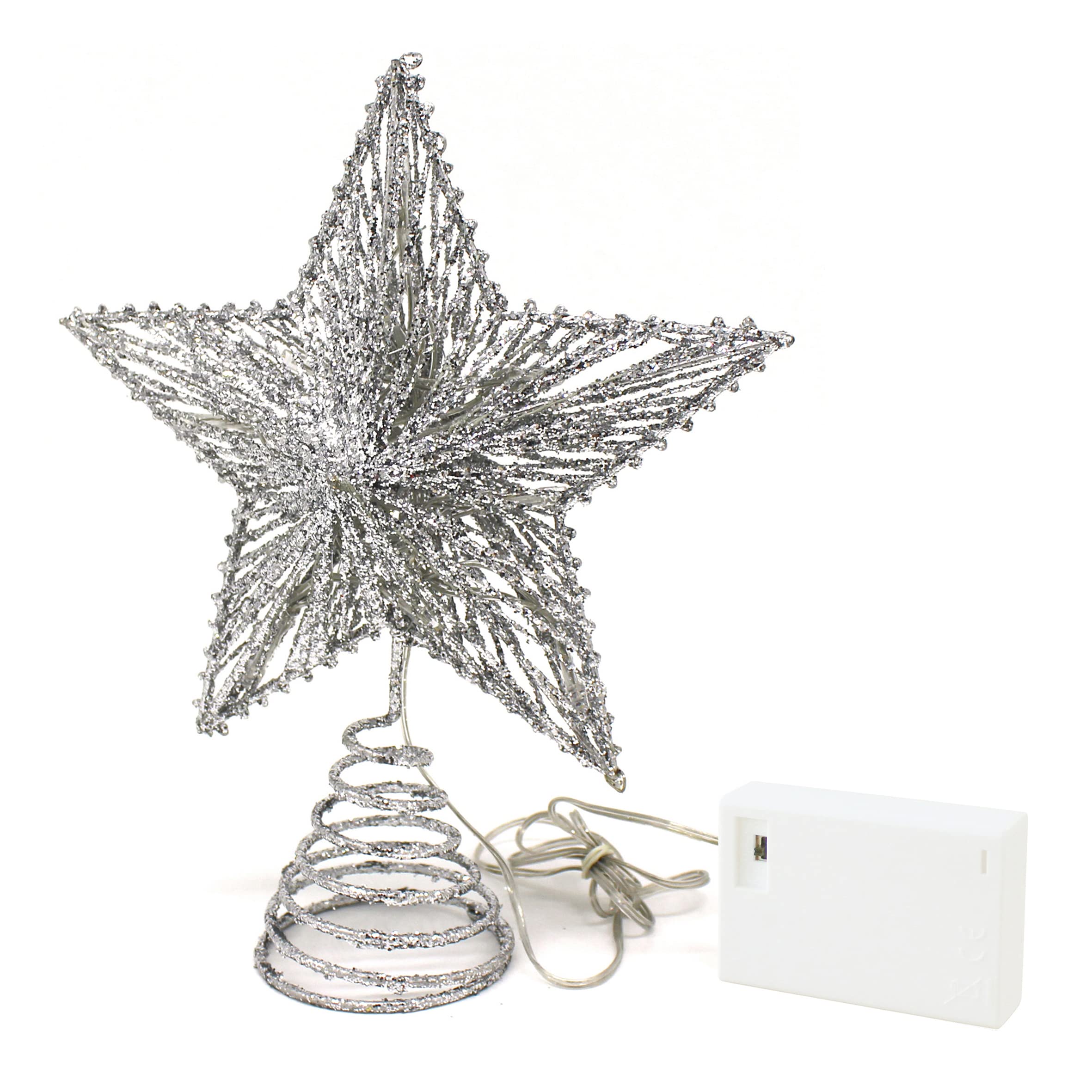 CVHOMEDECO. Silver Glittered 3D Tree Top Star with Warm White LED Lights and Timer for Christmas Tree Decoration and Holiday Sea
