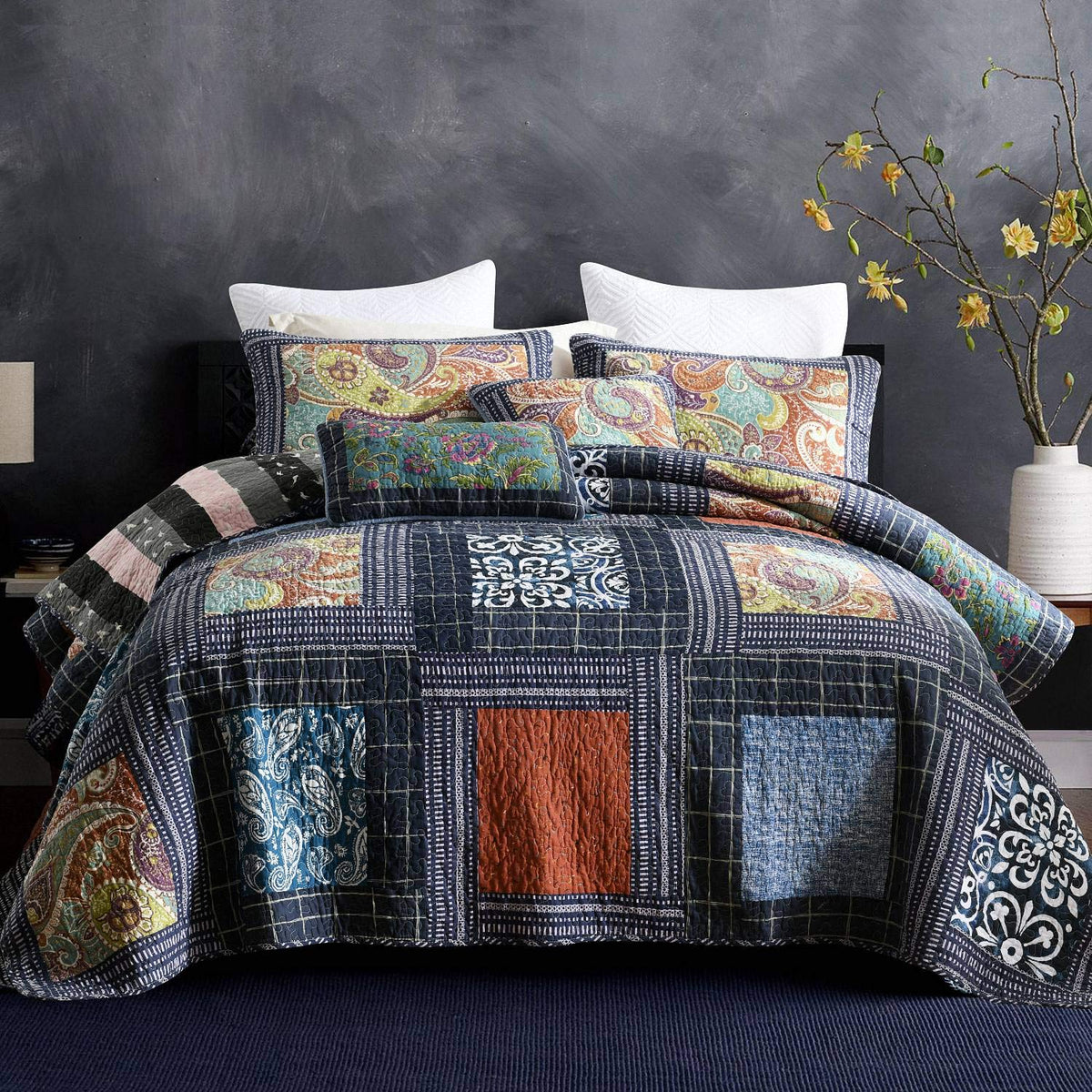 Newlake Bedspread Quilt Set With Real Stitched Embroidery, Paisley Grid Pattern,King Size
