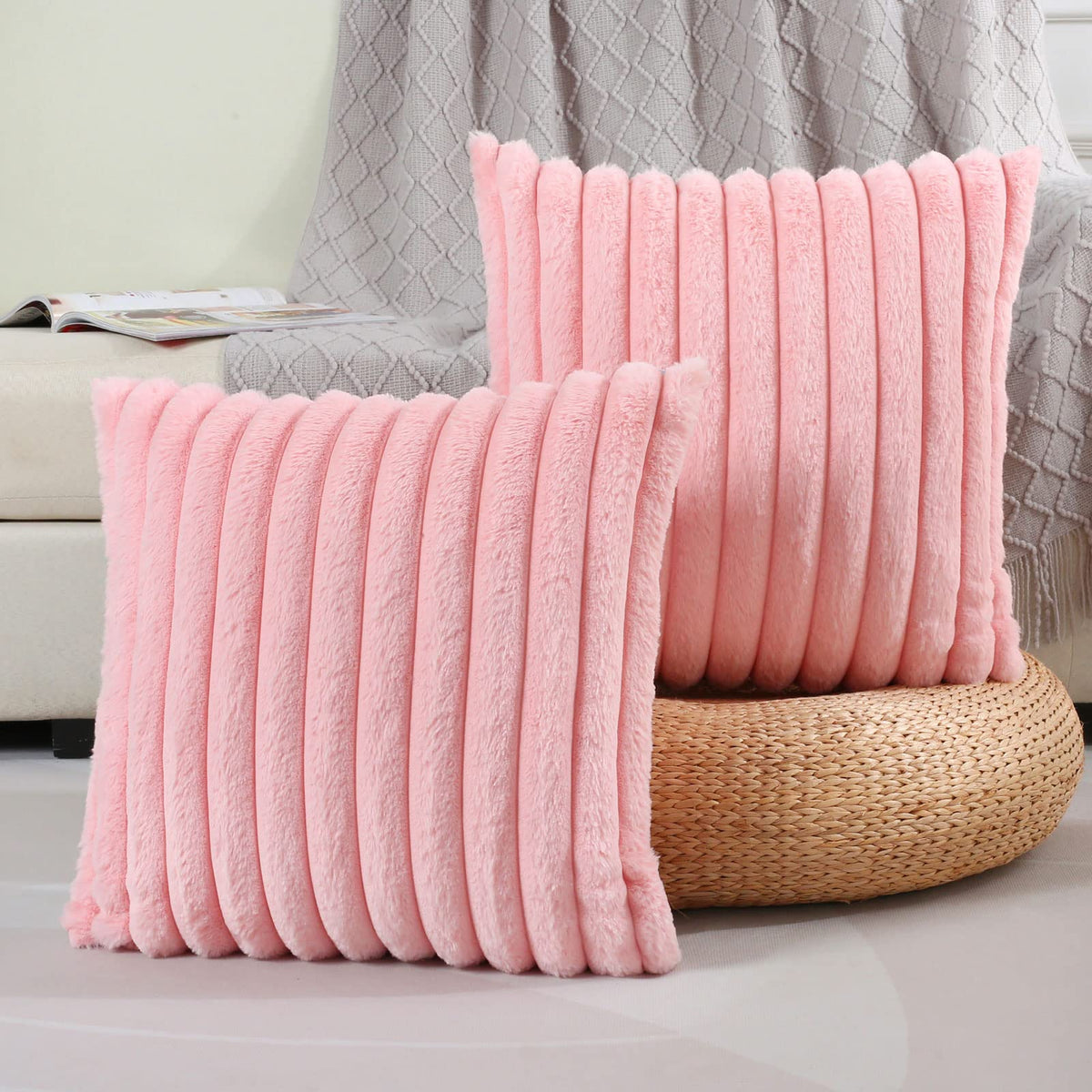 Futei Pink Striped Decorative Throw Pillow Covers 20X20 Inch Set Of 2,Square Spring Decorations Couch Pillow Case,Soft Cozy Faux