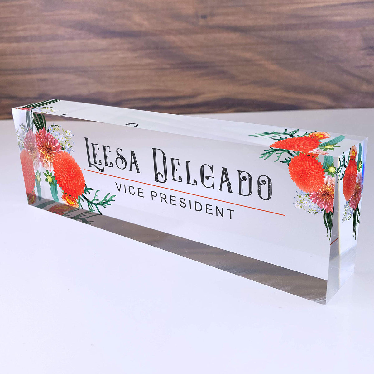 Artblox Office Desk Name Plate Personalized | Custom Name Plates For Desks | Autumn Flowers Design On Clear Acrylic Glass | Offi