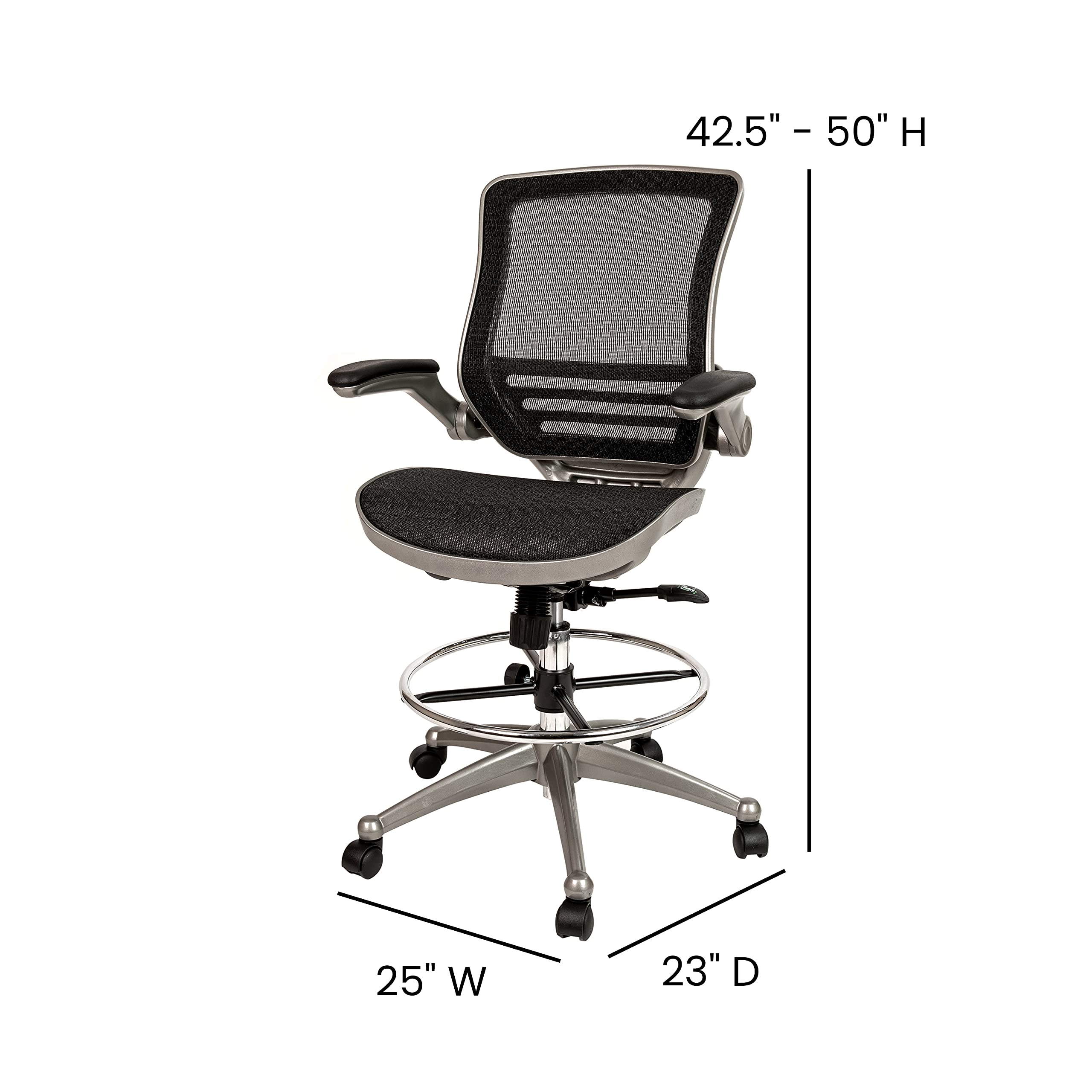 Flash Furniture Waylon Mid-Back Swivel Office Chair with Adjustable Foot Ring and Seat Height, Ergonomic Mesh Chair with Armrests, Black/Silver