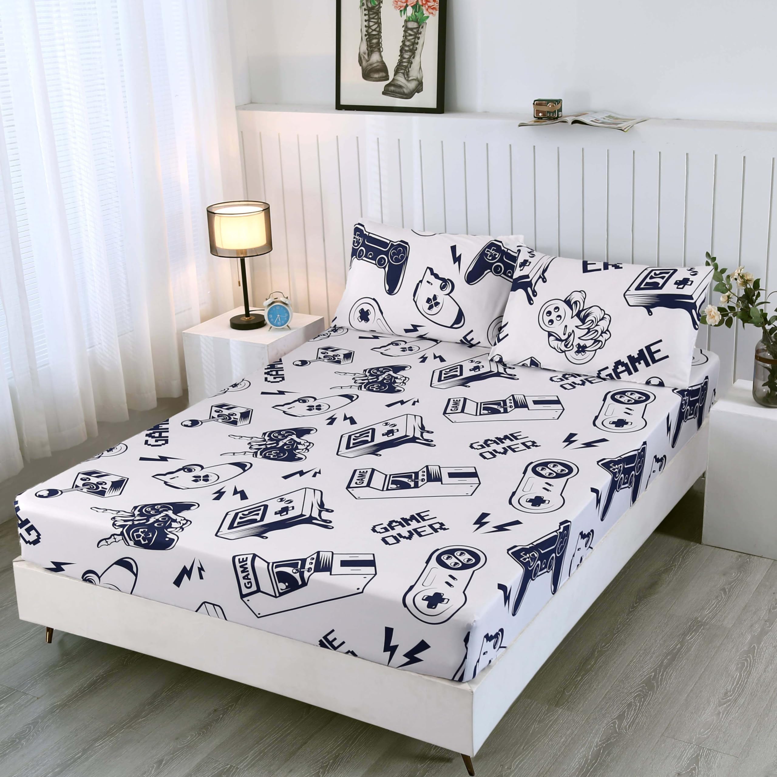 Sdiii 3Pcs Dark Blue And White Gamer Queen Sheet Set, 1 Fitted Sheet And 2 Pillowcases, Bed In A Bag Gaming Queen Size Bed Set,