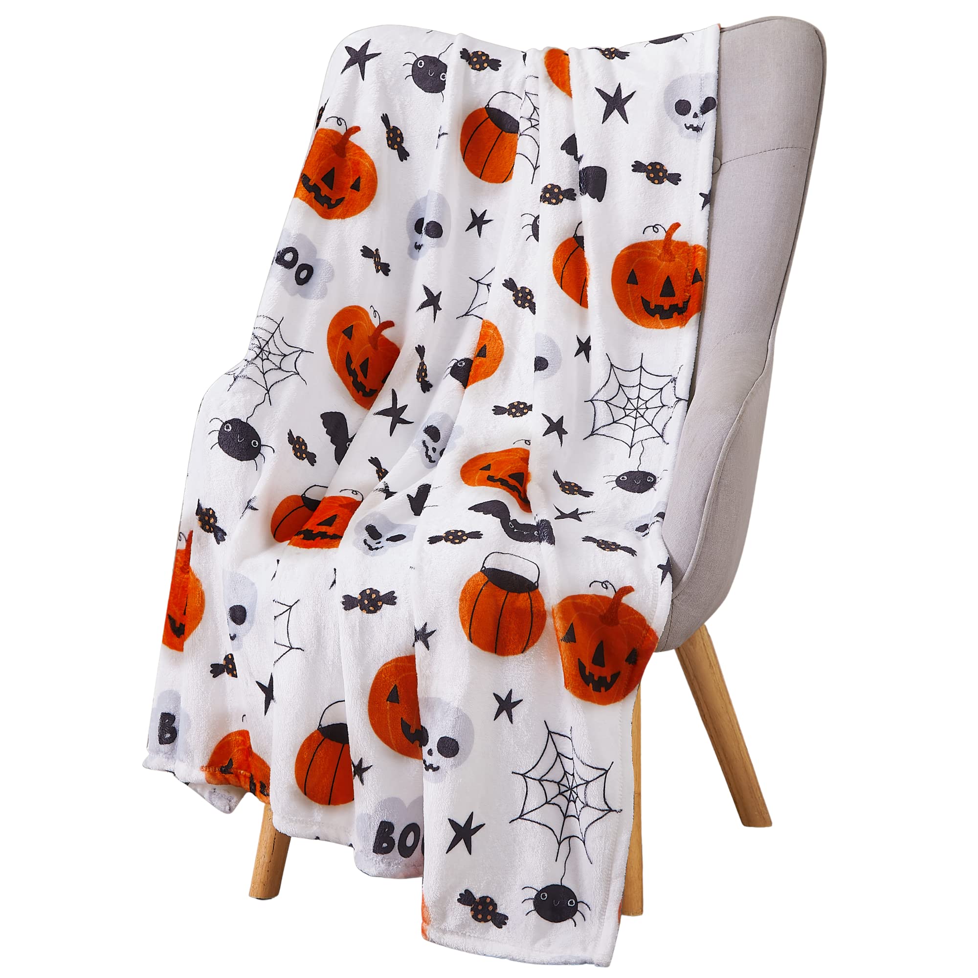 Serafina Home Halloween Blanket Throw: Fuzzy Boo! Jack O'Lantern Spider Webs Skull and Black Cats Print on Velvet Fleece for Sof