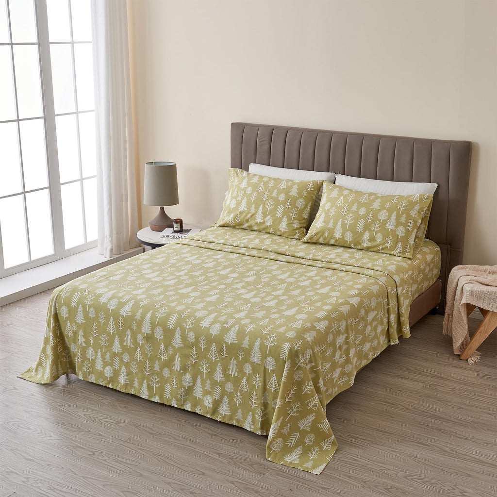 4 Piece 100% Turkish Cotton Queen Winter Lodge Flannel Sheet Set | Cotton Printed Bedding Sheets & Pillowcases | Double-Brushed 