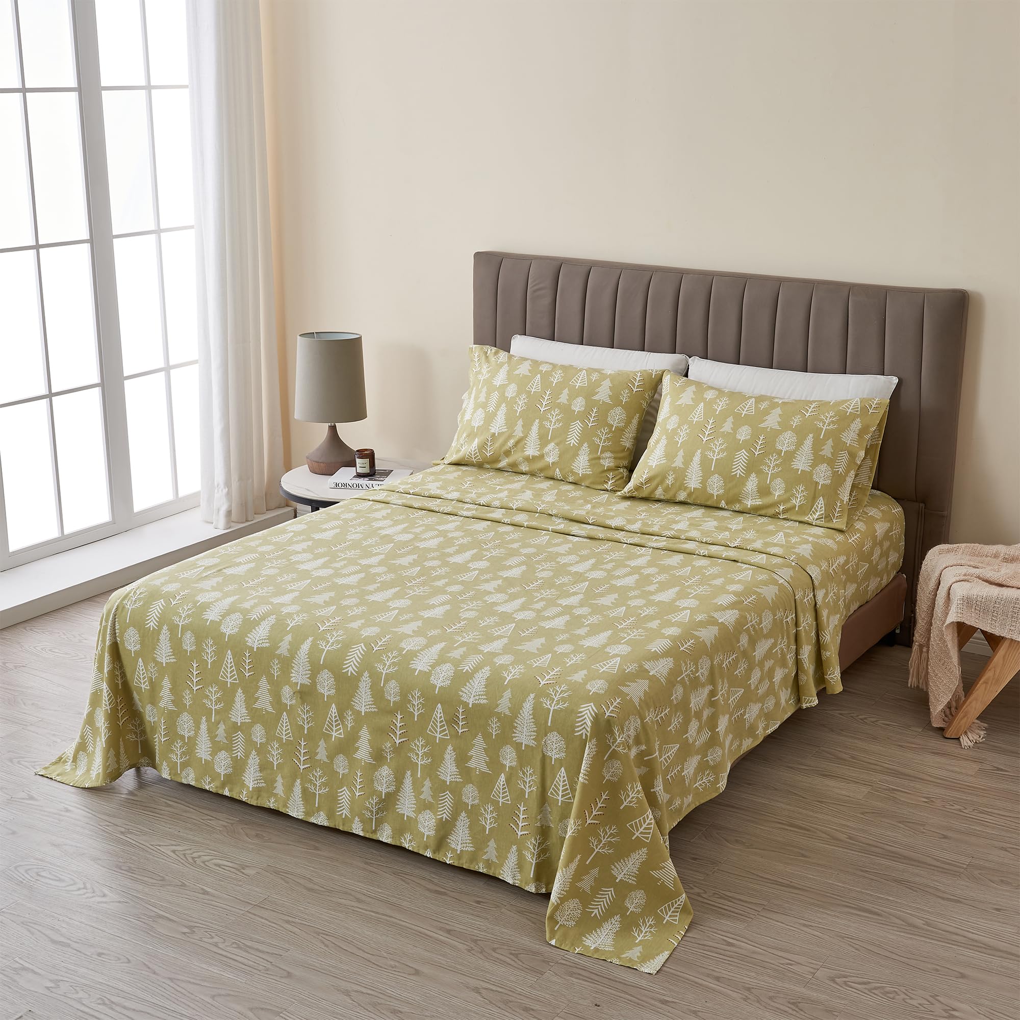 4 Piece 100% Turkish Cotton King Winter Lodge Flannel Sheet Set | Cotton Printed Bedding Sheets & Pillowcases | Double-Brushed F