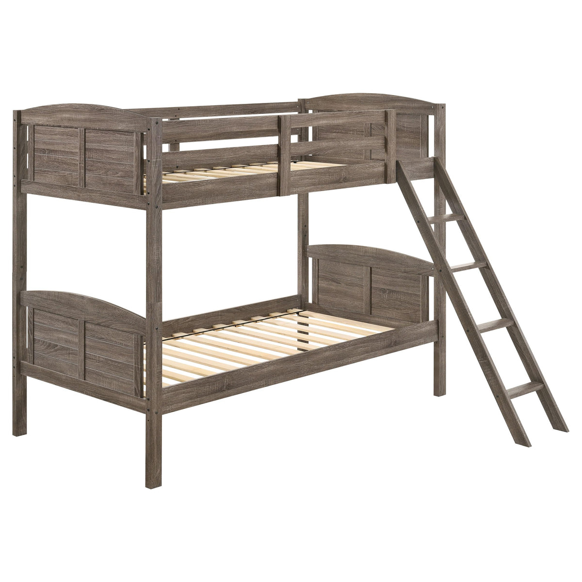 Coaster Home Furnishings Flynn Farmhouse Wood Twin Over Twin Size Bunk Bed Frame with Ladder and Guardrails Fully Slatted Mattress Ready Foundation Weathered Brown 400808