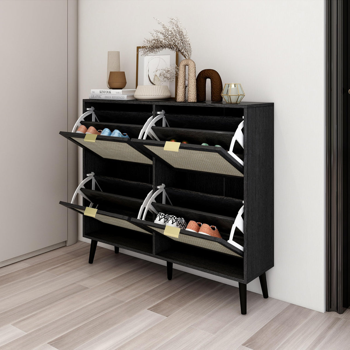 ZeHuoGe Rattan Shoe Cabinet with 4 Flip Drawers, Black 2-Tier Shoe Rack Boho Storage Cabinet for Heels, Boots, Slippers, Free St
