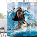 Homewelle Funny Bear Surfing Shower Curtain Cool Bear Riding Sea Turtle Tortoise Seagull 60Wx72H Inch Ocean Waves Nautical Marin