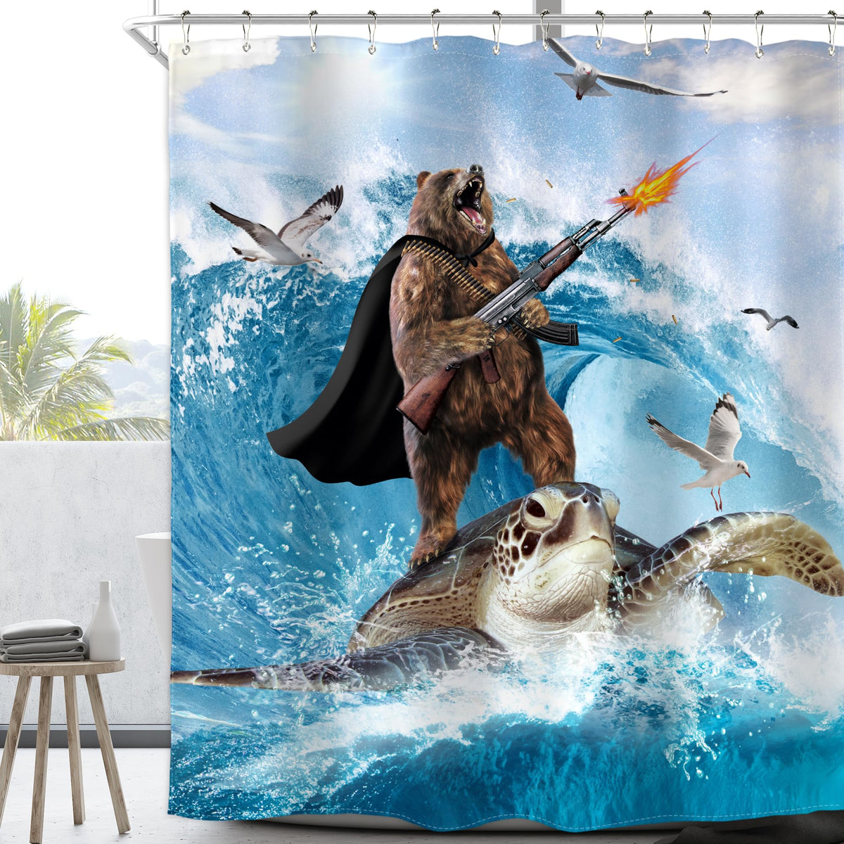 Homewelle Funny Bear Surfing Shower Curtain Cool Bear Riding Sea Turtle Tortoise Seagull 60Wx72H Inch Ocean Waves Nautical Marin