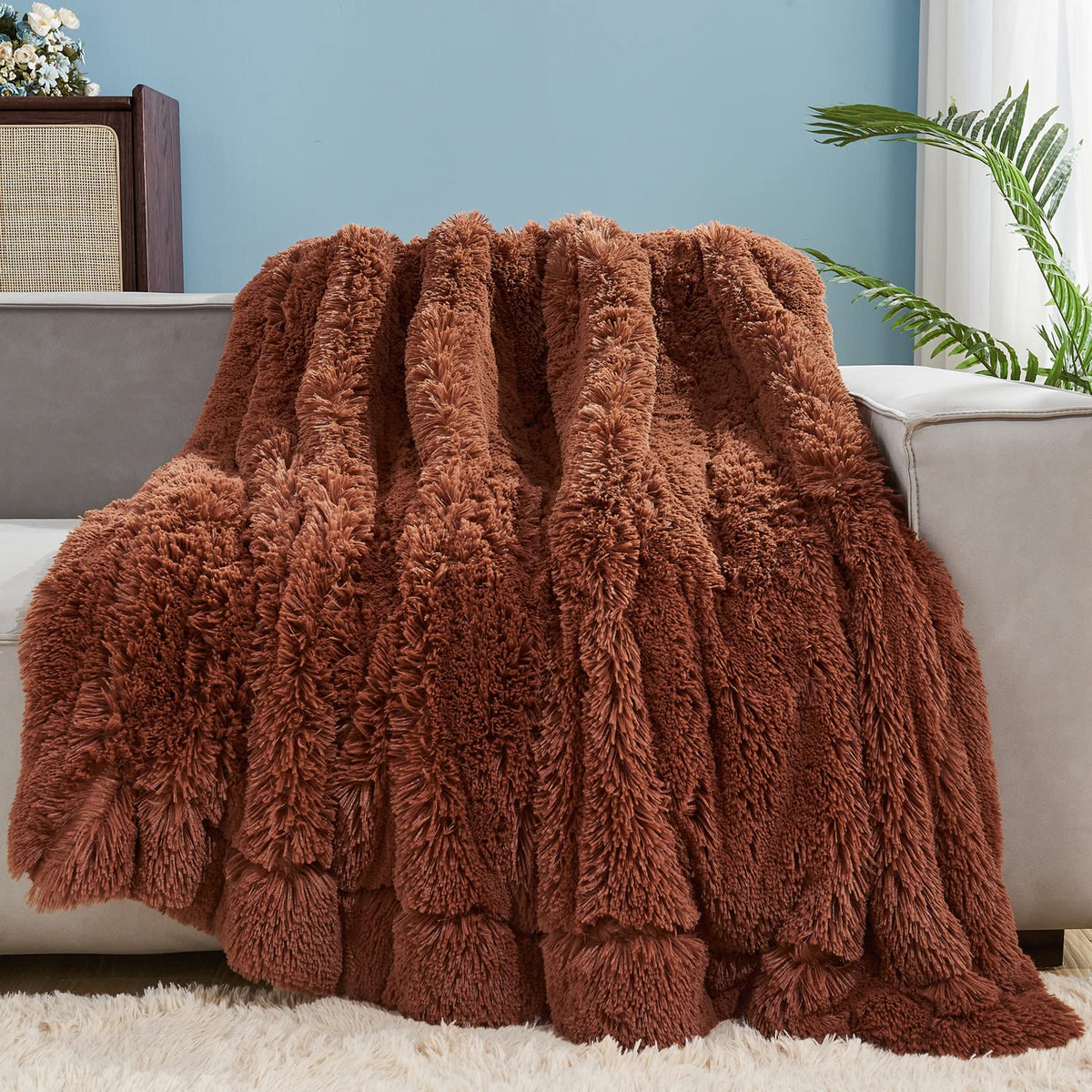 Gonaap Fuzzy Faux Fur Throw Blanket Twin Size Coffee Super Soft Cozy Plush Fuzzy Shaggy Blanket For Couch Sofa Bed (Coffee, Twin