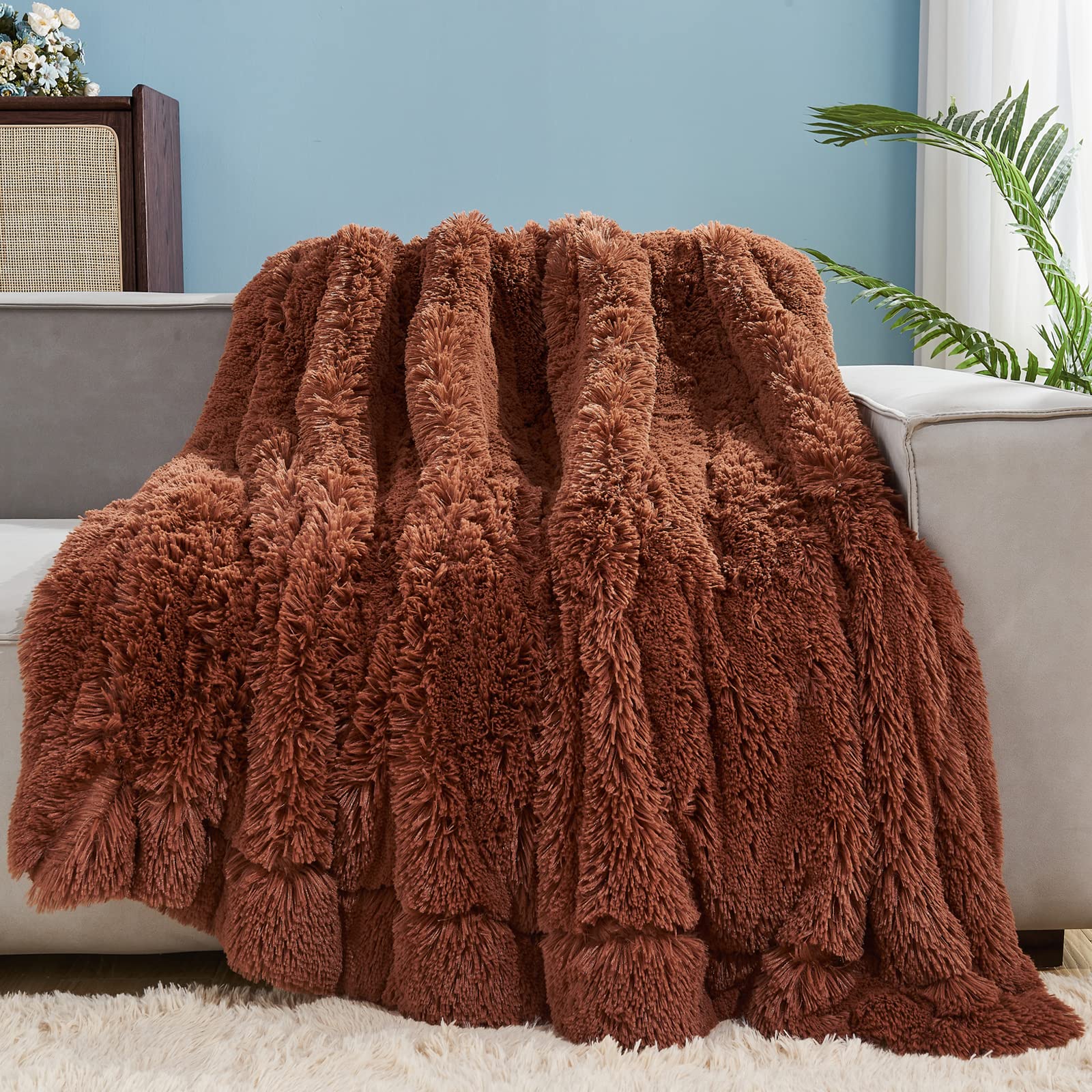 Gonaap Fuzzy Faux Fur Throw Blanket Twin Size Coffee Super Soft Cozy Plush Fuzzy Shaggy Blanket For Couch Sofa Bed (Coffee, Twin