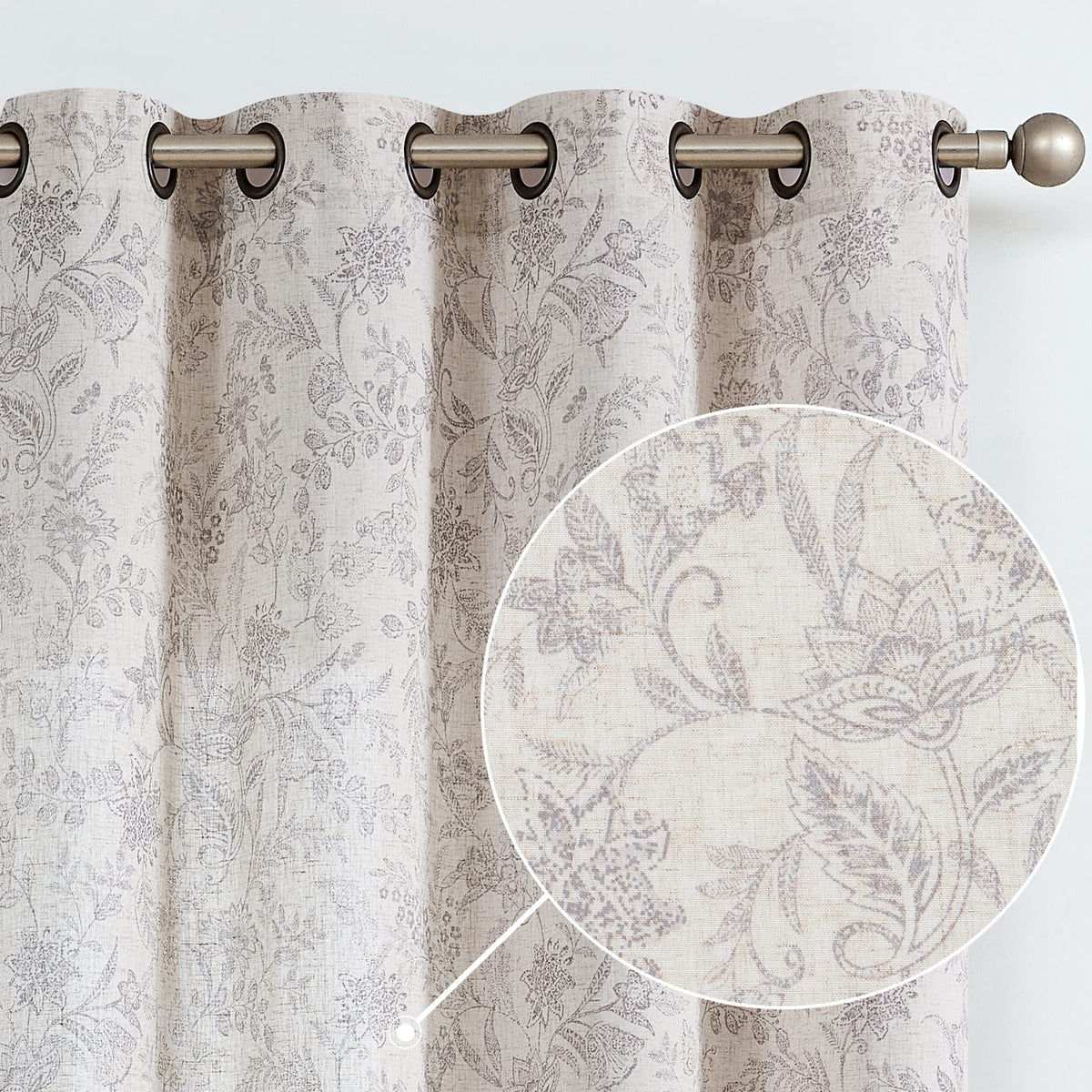 Jinchan Floral Curtains Linen Curtains For Living Room Verbena Grey French Country Farmhouse Curtains 63 Inches Long Light Filte