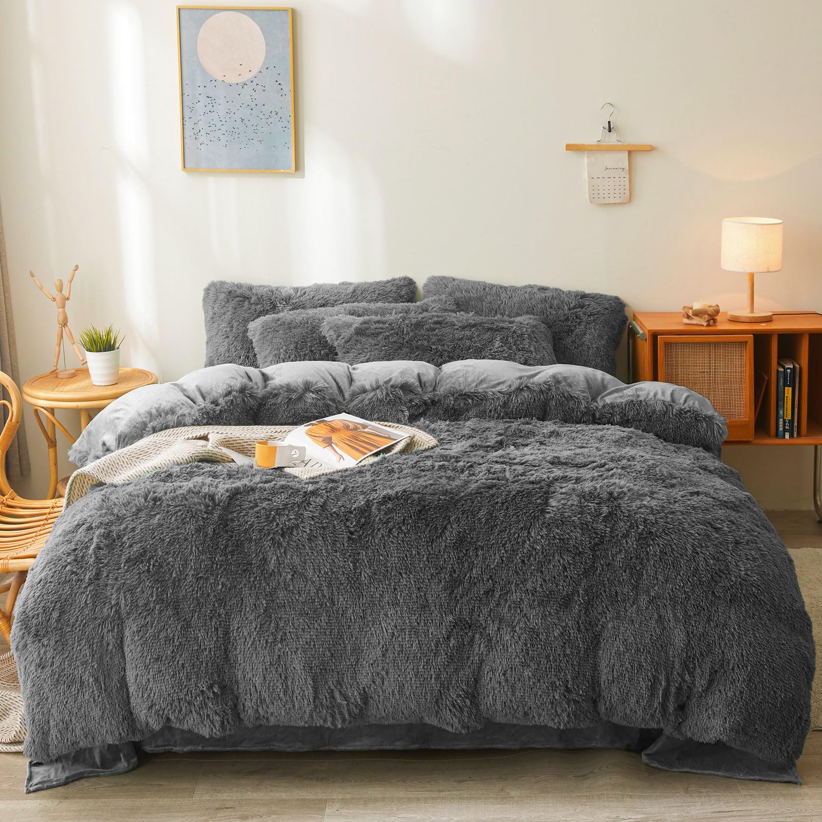 Fluffy Dark Grey Comforters Cover Twin Size - Ultra Soft Plush Dark Grey Bedding Sets 2 Pieces (1 Faux Fur Comforter Cover + 1 F