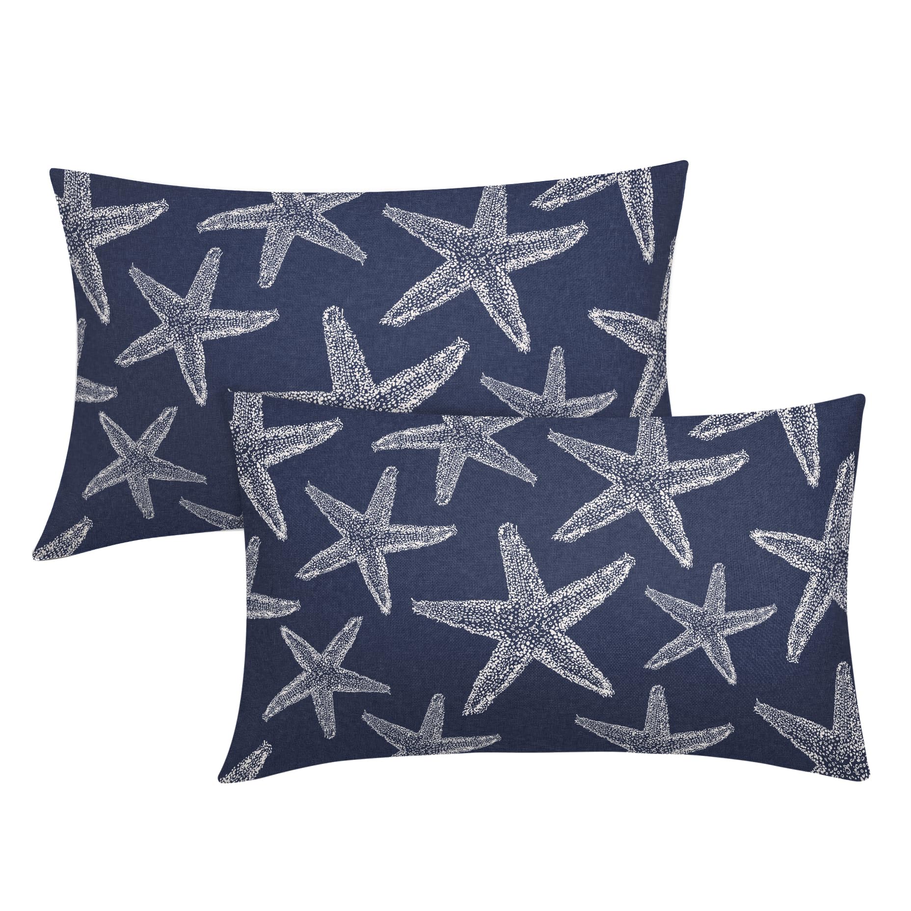 Navy Blue Starfish Ocean Lumbar Pillow Covers 12X20 Inch Summer Nautical Coastal Beach Decorative Pillow Cases Set Of 2 Cotton L