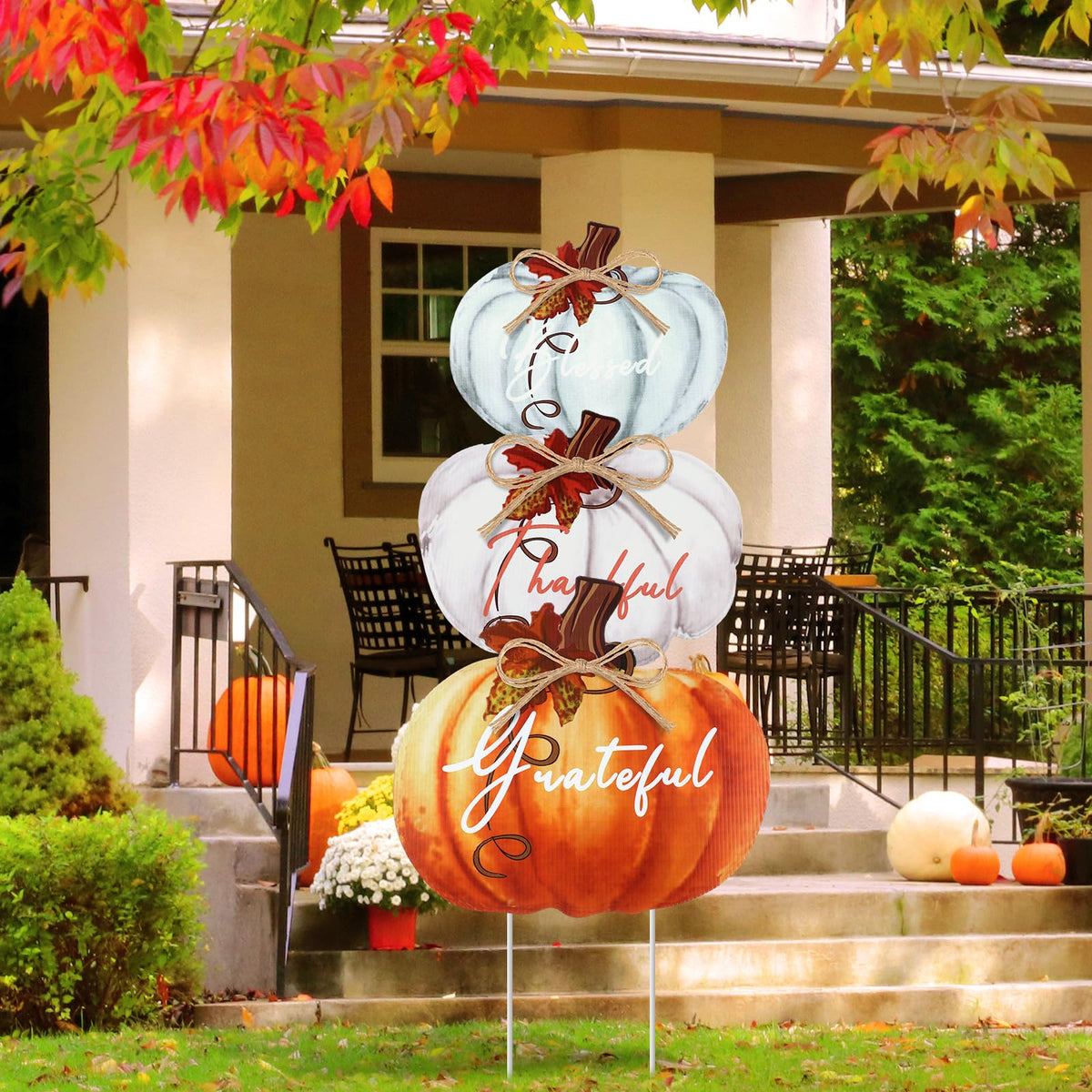 Geetery 3 Pcs Fall Pumpkin Yard Stakes Decoration 31 Inch Plastic Pp Stackable Thanksgiving Outdoor Yard Sign Rustic Autumn Harv