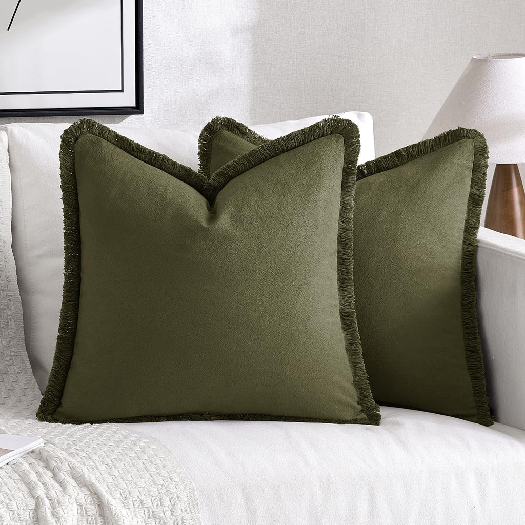 Miulee Pillow Covers Boho Farmhouse 18X18 Set Of 2 Decorative Olive Green Couch Pillow Covers With Fringe Chic Cotton Throw Pillows Home Decor Accents For Spring Cushion Sof Bed Living Room