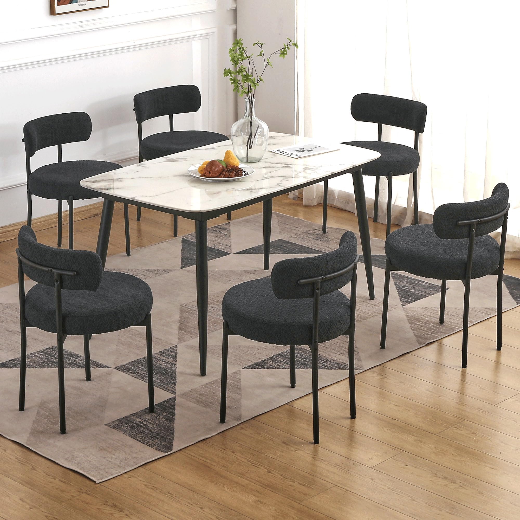 EDWELL Dining Chairs Set of 6, Modern Upholstered Dining Room Chairs with Black Metal Legs, Green Curved Backrest Kitchen Chair 