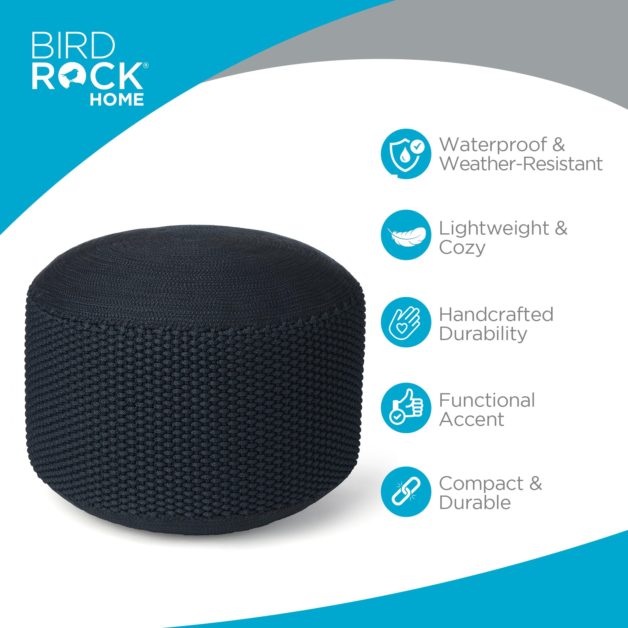 Birdrock Home Outdoor Pouf Ottoman | Hand Woven Waterproof Foot Stool With Bead Bag Filling | Boho Foot Rest For Patio, Living Room, Porch & Outdoor Seating | Lightweight, Soft Stuffed Chair | Navy