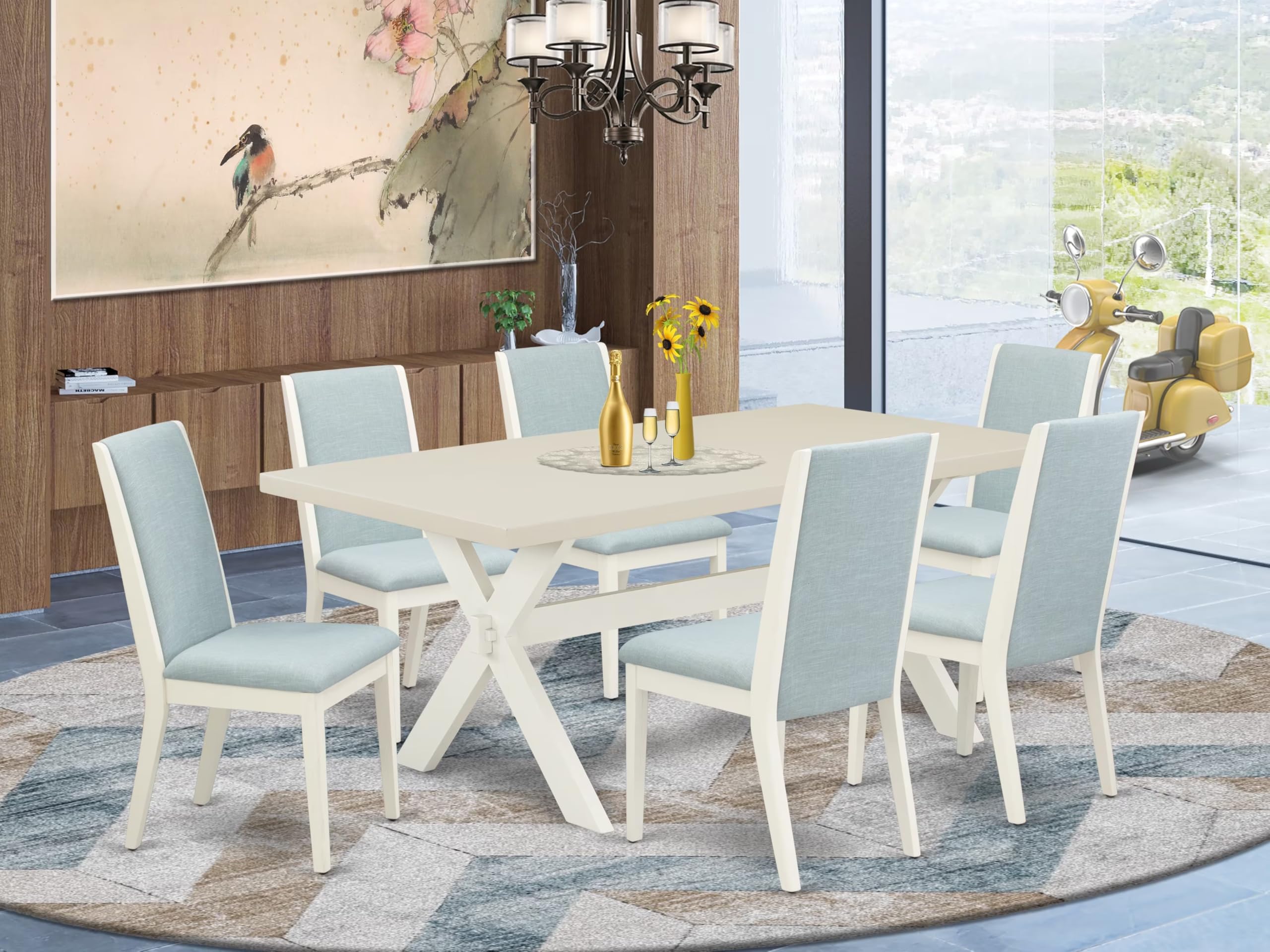 East West Furniture X027La015-7 7 Piece Dining Room Furniture Set Consist Of A Rectangle Dining Table With X-Legs And 6 Baby Blue Linen Fabric Parsons Chairs, 40X72 Inch, Multi-Color