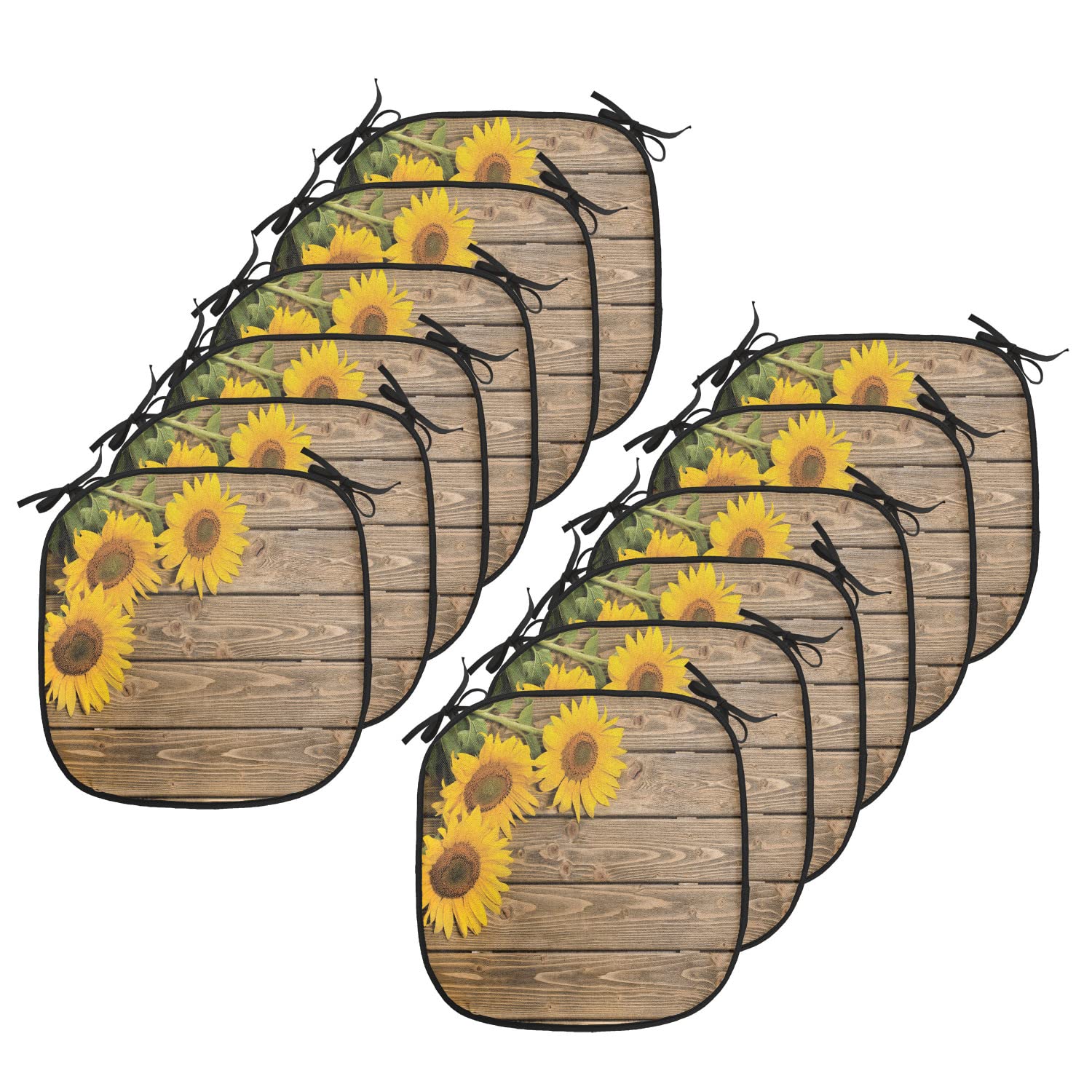 Lunarable Sunflower Chair Cushion Pads Set 12, 3 Sunflowers On Wooden Background At Top Left Corner Picture Print, Anti-Slip Sea