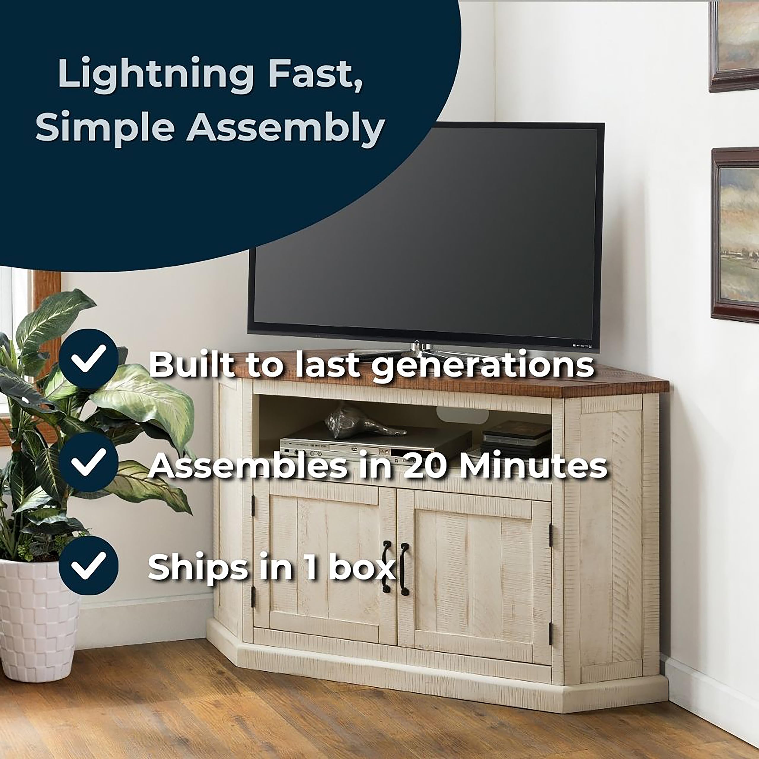 Martin Svensson Rustic Solid Wood Tv Stand - Antique White And Honey Tobacco Finish - Hexagonal Shape And Farmhouse Design Entertainment Center With Shelves Included