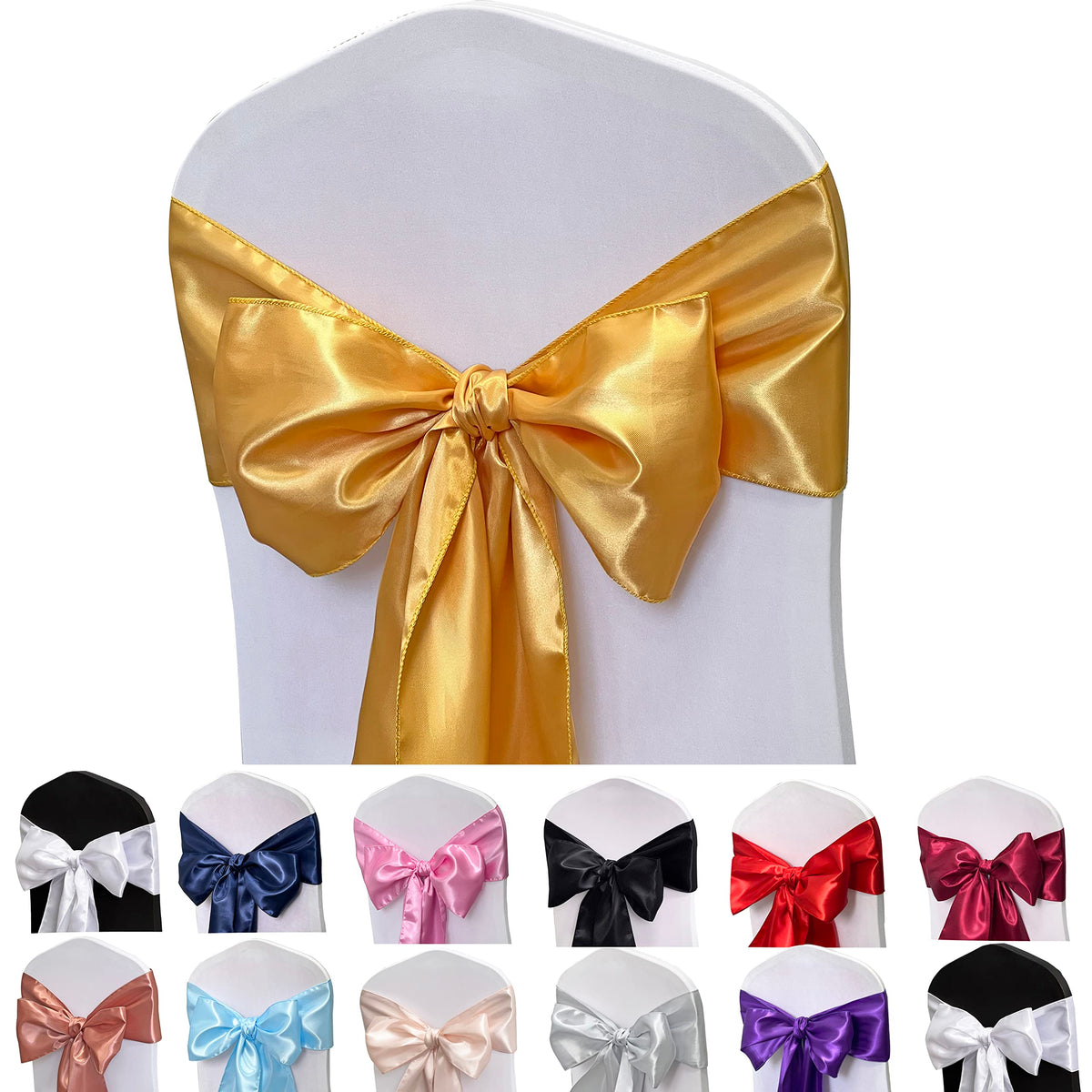 Maiangel Satin Chair Sashes Bows-50Pcs Chair Ribbon Ties Back Sash For Wedding Party Events Banquet Chair Cover Decoration (Gold