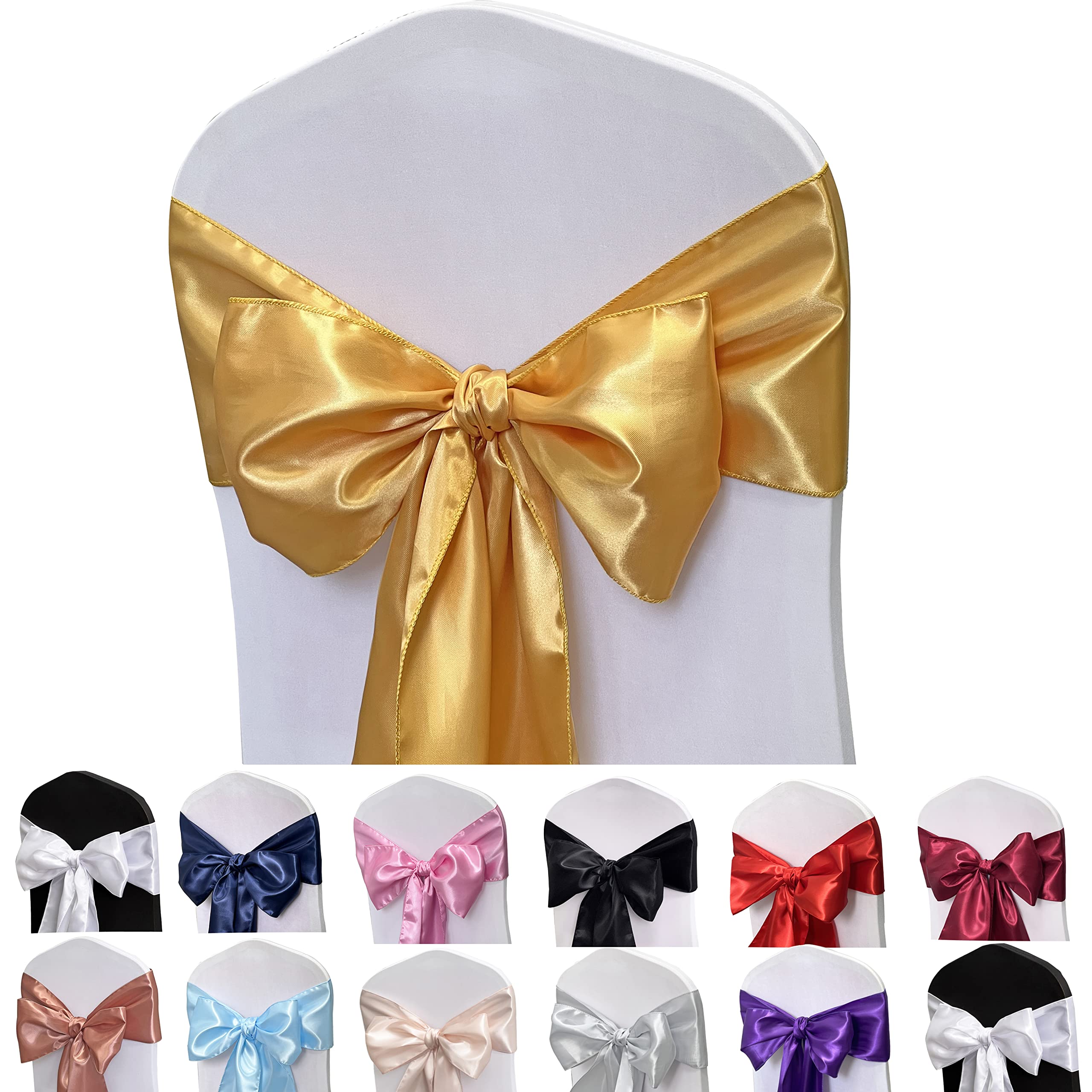 Maiangel Satin Chair Sashes Bows-50Pcs Chair Ribbon Ties Back Sash For Wedding Party Events Banquet Chair Cover Decoration (Gold