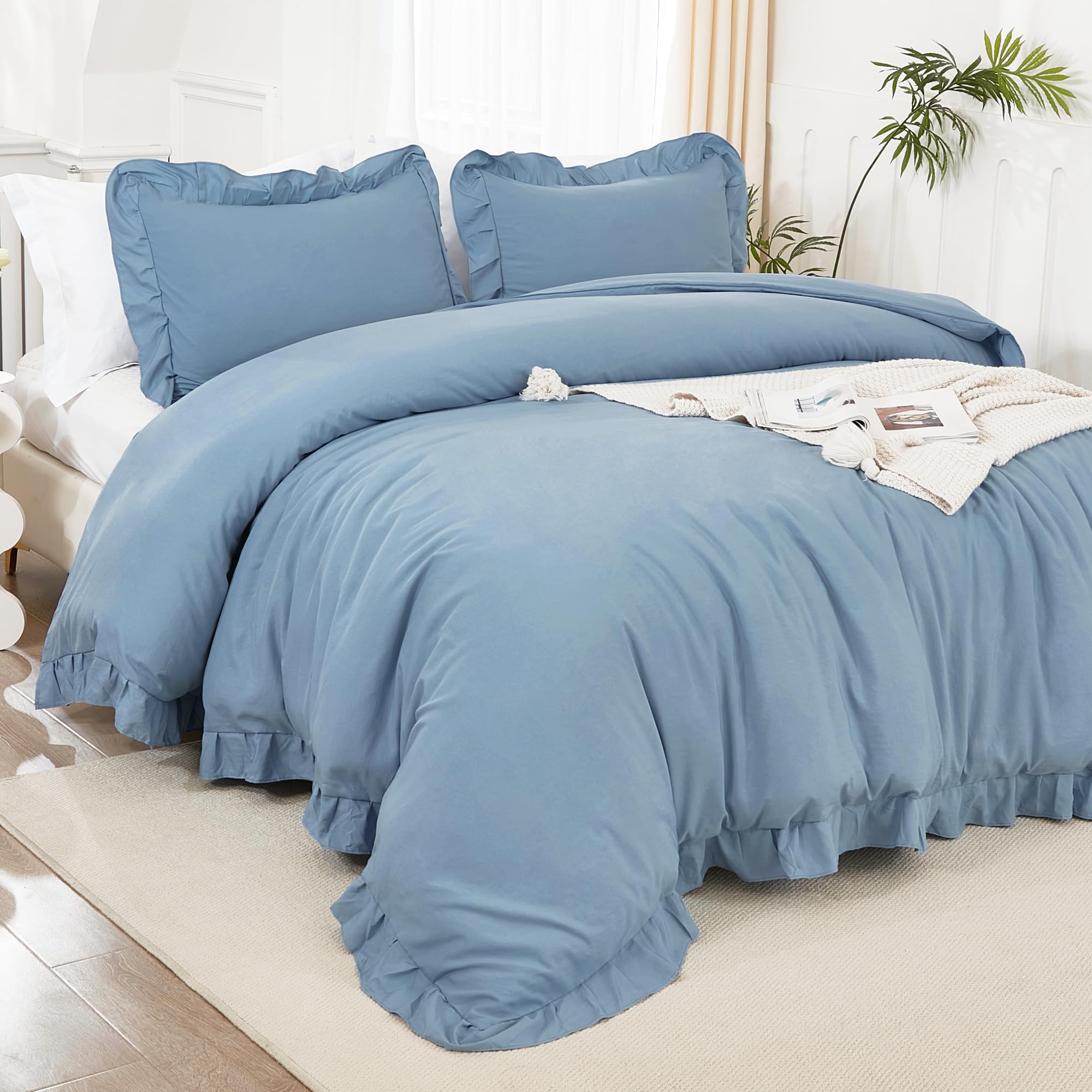 Litanika Grayish Blue King Size Comforter Set, 3 Pieces Ruffle Farmhouse Aesthetic Bedding Comforter Set, All Season Soft Lightw