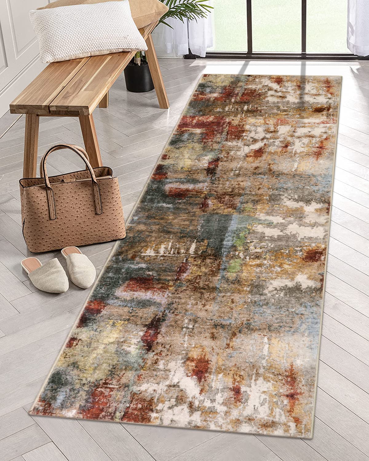 Lahome Modern Abstract Washable Kitchen Runner, 2x7 Soft Bedroom Runners Non Skid, Soft Non Slip Floor Throw Mat Carpet Runner f