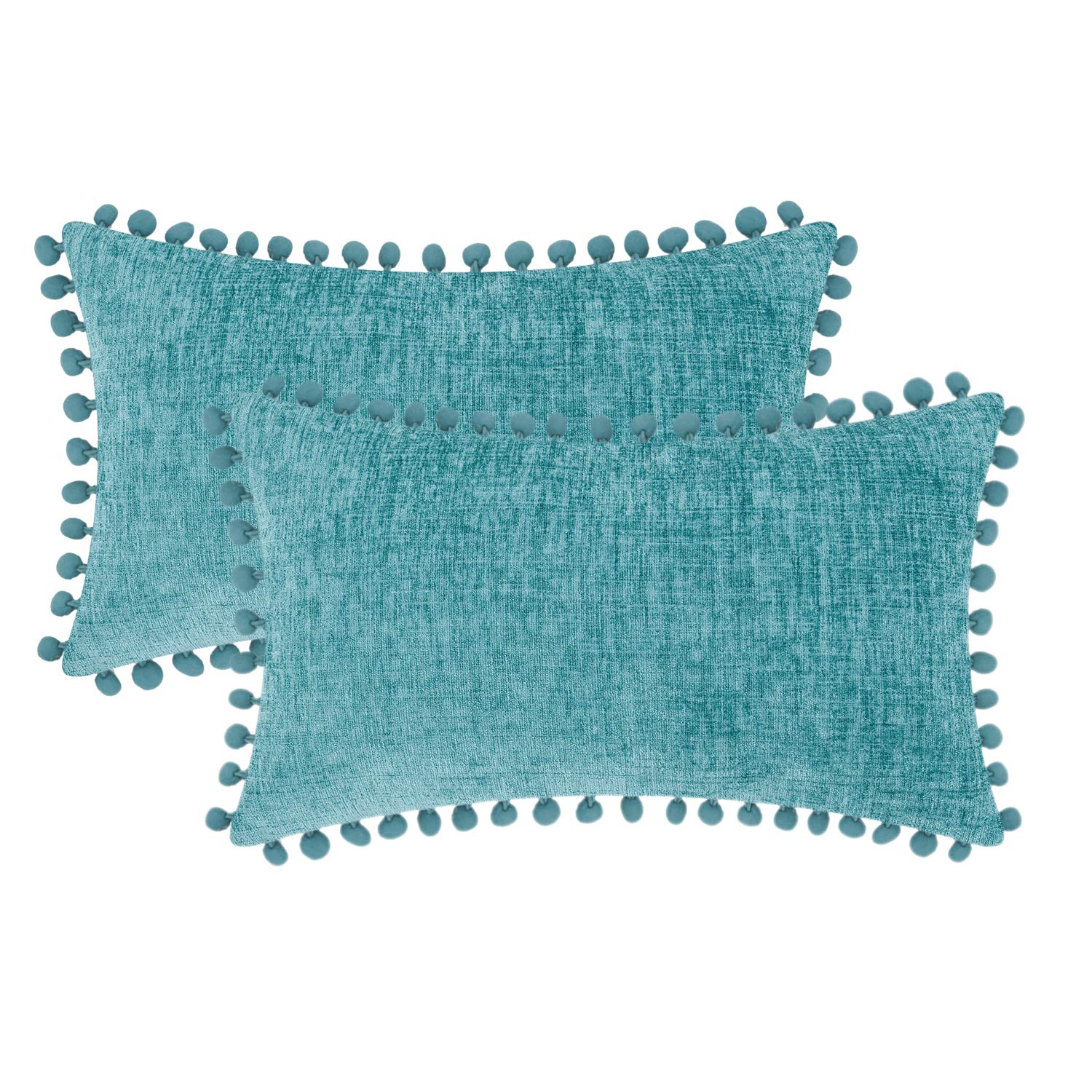 Calitime Throw Pillow Cases Pack Of 2 Cozy Solid Dyed Soft Chenille Cushion Covers With Pom Poms For Couch Sofa Home Decoration