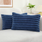Decoruhome Faux Fur Throw Pillow Covers 12X20 Set Of 2, Decorative Soft Plush Striped Lumbar Couch Pillow Covers With Velvet Back For Sofa, Bed, Living Room, Blue