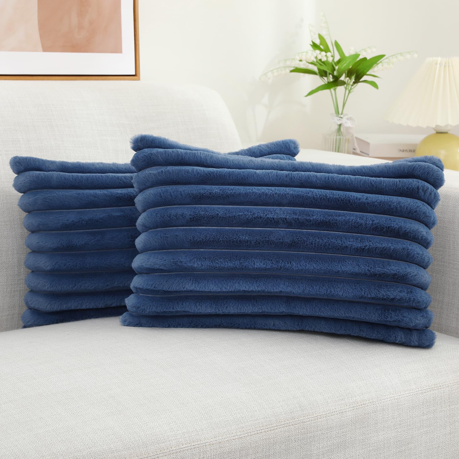 Decoruhome Faux Fur Throw Pillow Covers 12X20 Set Of 2, Decorative Soft Plush Striped Lumbar Couch Pillow Covers With Velvet Back For Sofa, Bed, Living Room, Blue