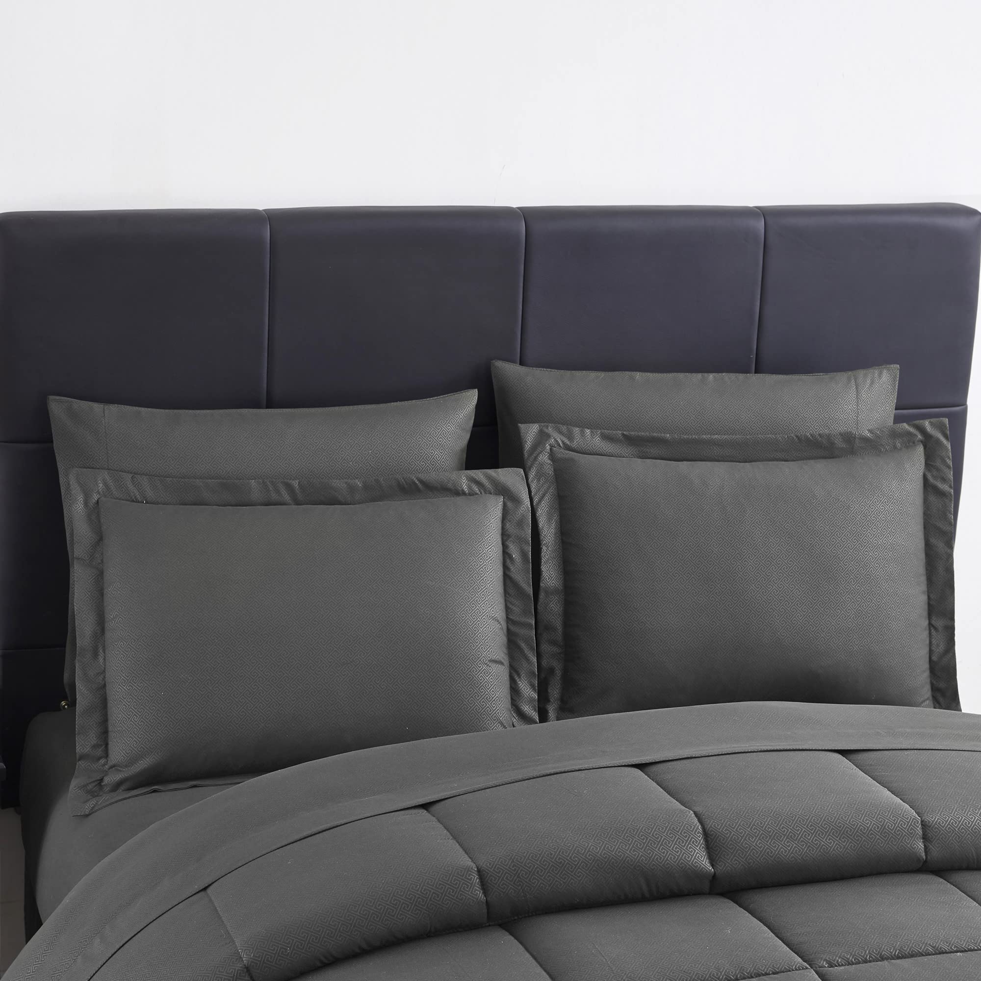 King Size Comforter Set 8 Piece Bed In A Bag With Bed Skirt, Fitted Sheet, Flat Sheet, 2 Pillowcases, 2 Pillow Shams, King, Greek Key Gray